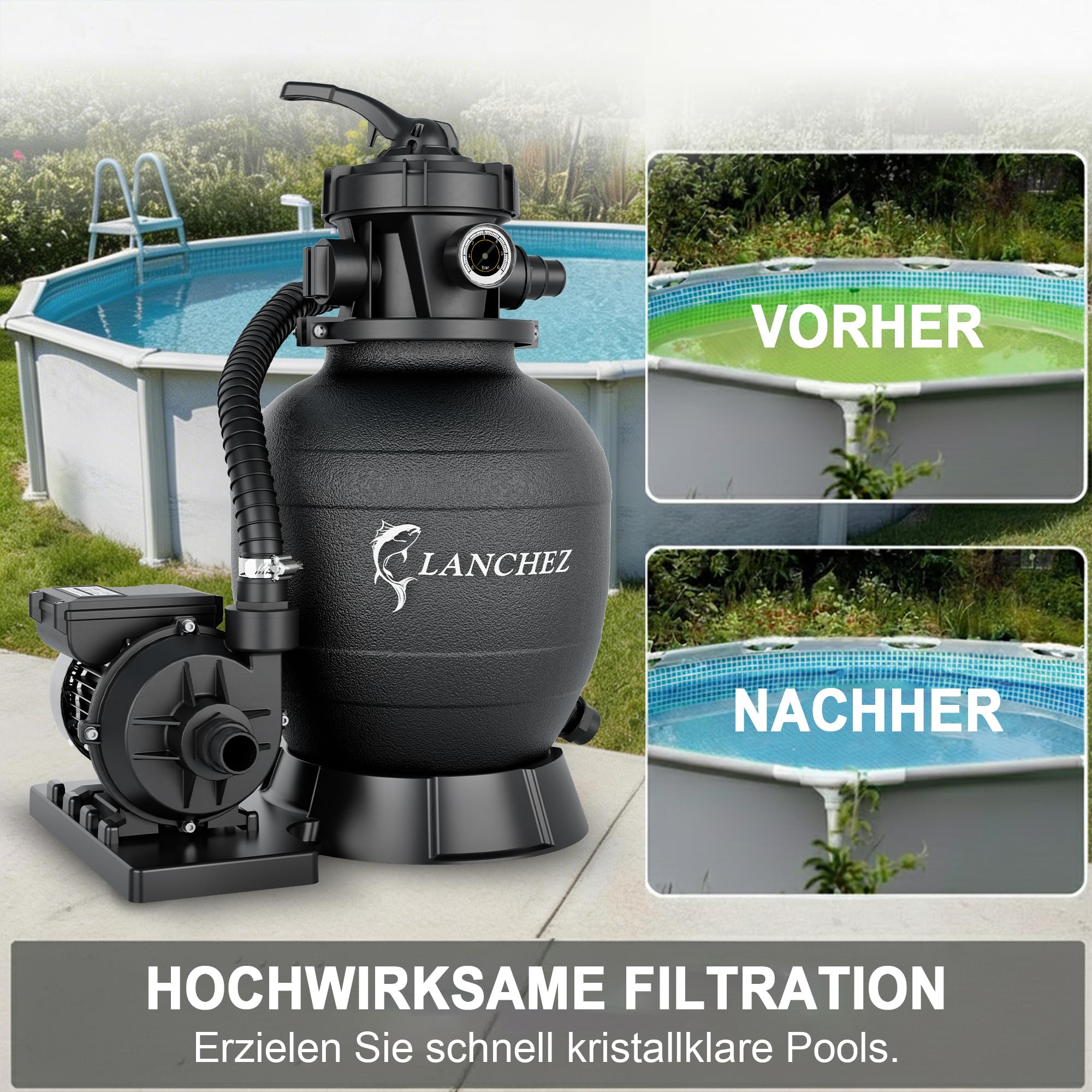 LANCHEZ Sandfilteranlage 11.500 L/h, 7-Wege-Ventil, 24h Zeitschaltuhr, 200g Filterbälle, Sandfilterkessel für Pool, Tankvolumen Maximal 10 kg Sand, 2in1 Adapter Ø32mm-38mm