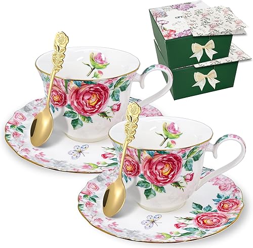 Tazas de té y platillos, juego de tazas de café de porcelana floral de hueso de 7.5 onzas con cuchara, tazas de té de jardín vintage con ribete