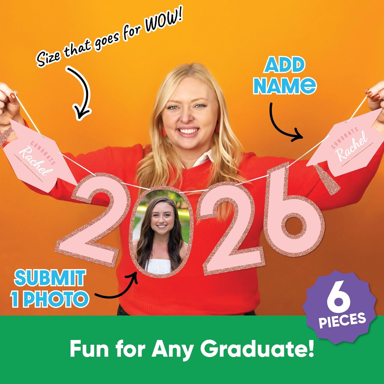 Big Dot of Happiness Rose Gold 2026 Personalized Graduation Banner with Custom Photo & Name, Customized Class of 2026 Congrats Grad Party Decoration, DIY Letter Banner Garland