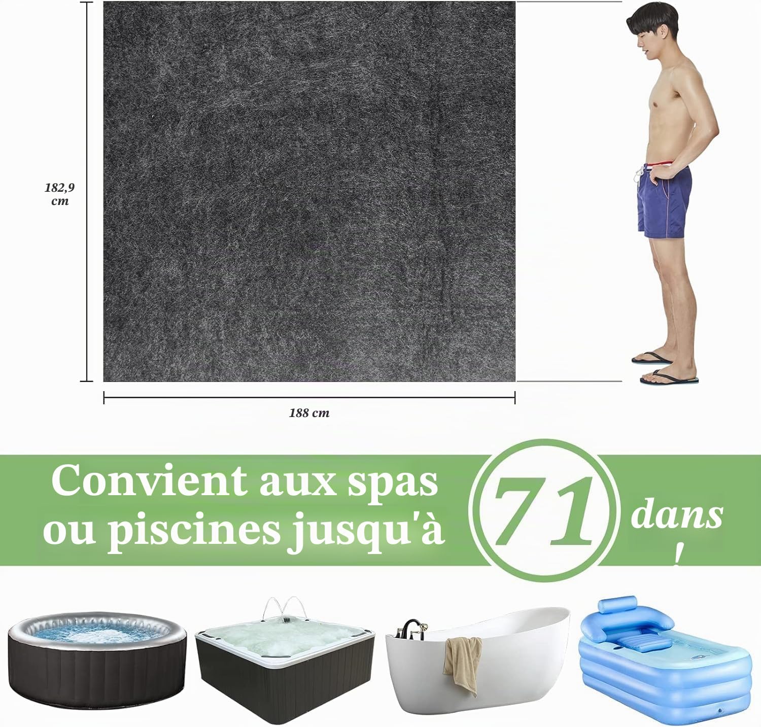 Grand tapis de sol gonflable pour jacuzzi de 188 x 183 cm, antidérapant, imperméable, protection du sol, protection de sol pour jacuzzi, protège les jacuzzis de l'usure, convient pour l'extérieur et