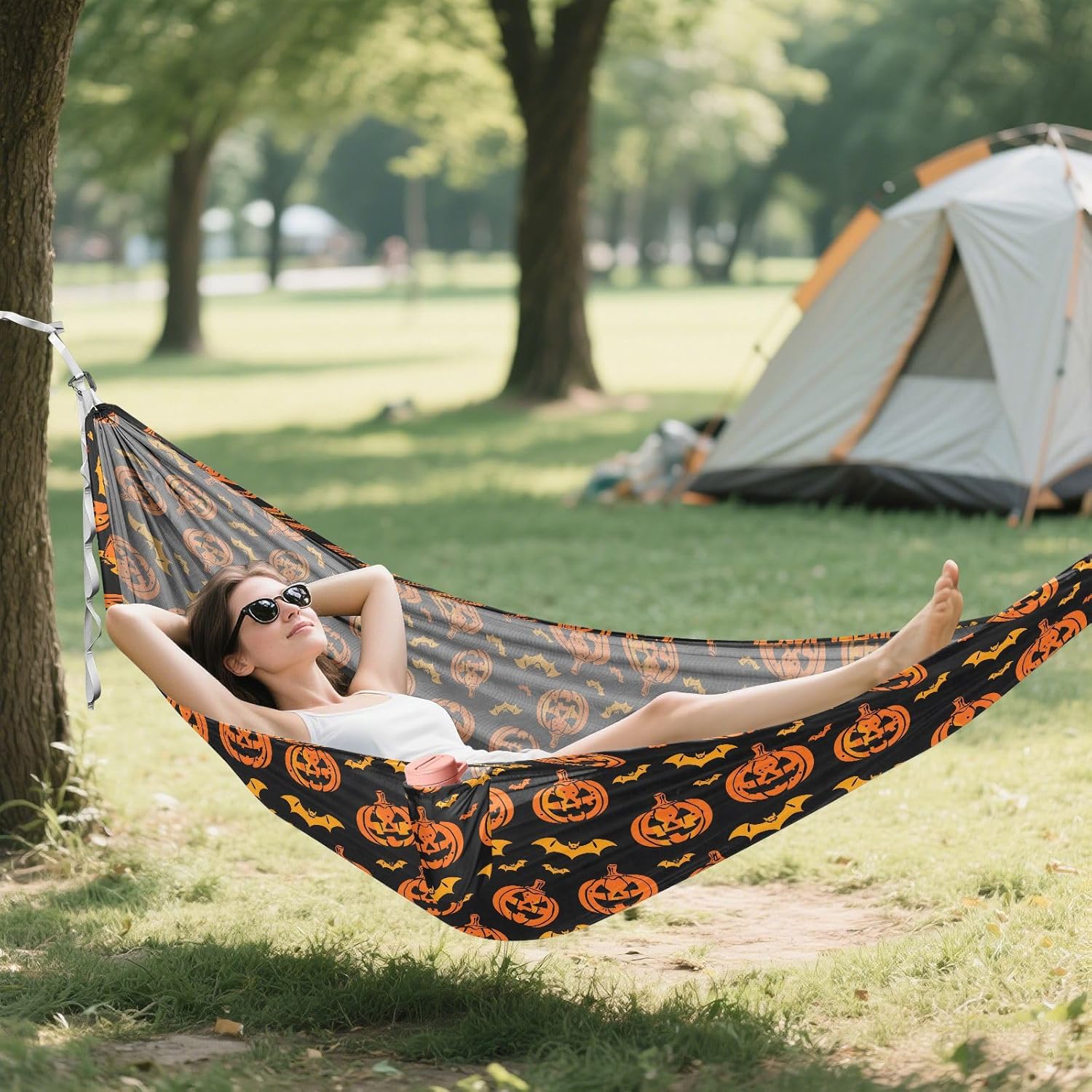 ALAZA Halloween Pumpkin Bats Camping Hammocks Single or 2 Person 500 lbs Portable Parachute Travel Hammock w/Tree Straps for Hiking Backpacking Indoor Outdoor