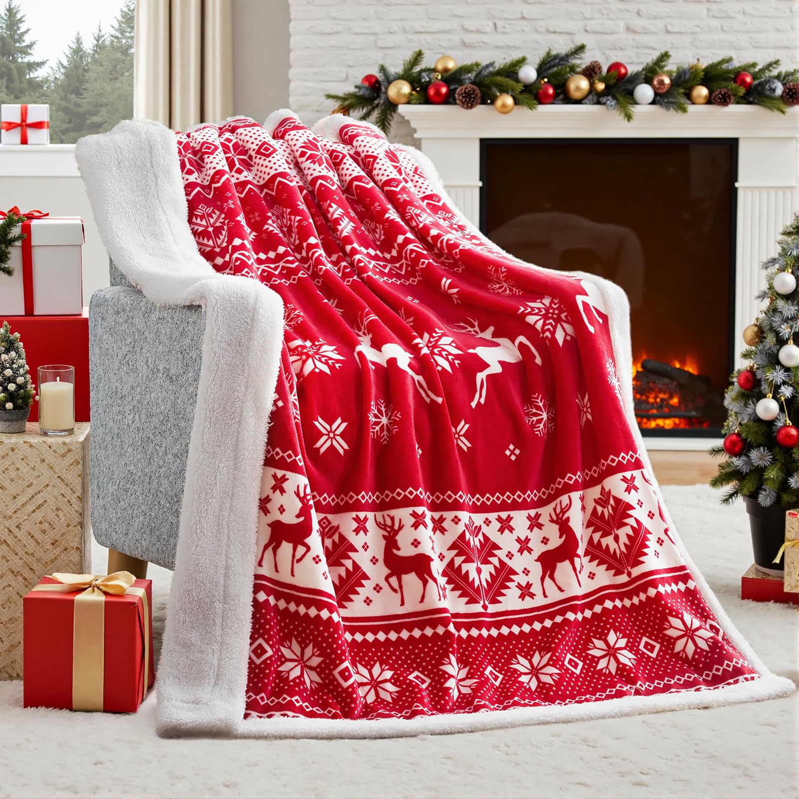 Joiedomi Red Christmas Nordic Printed Sherpa/Flannel Blend Throw Blanket - 50" x 60" Reversible Winter Cozy Present Throw for Couch