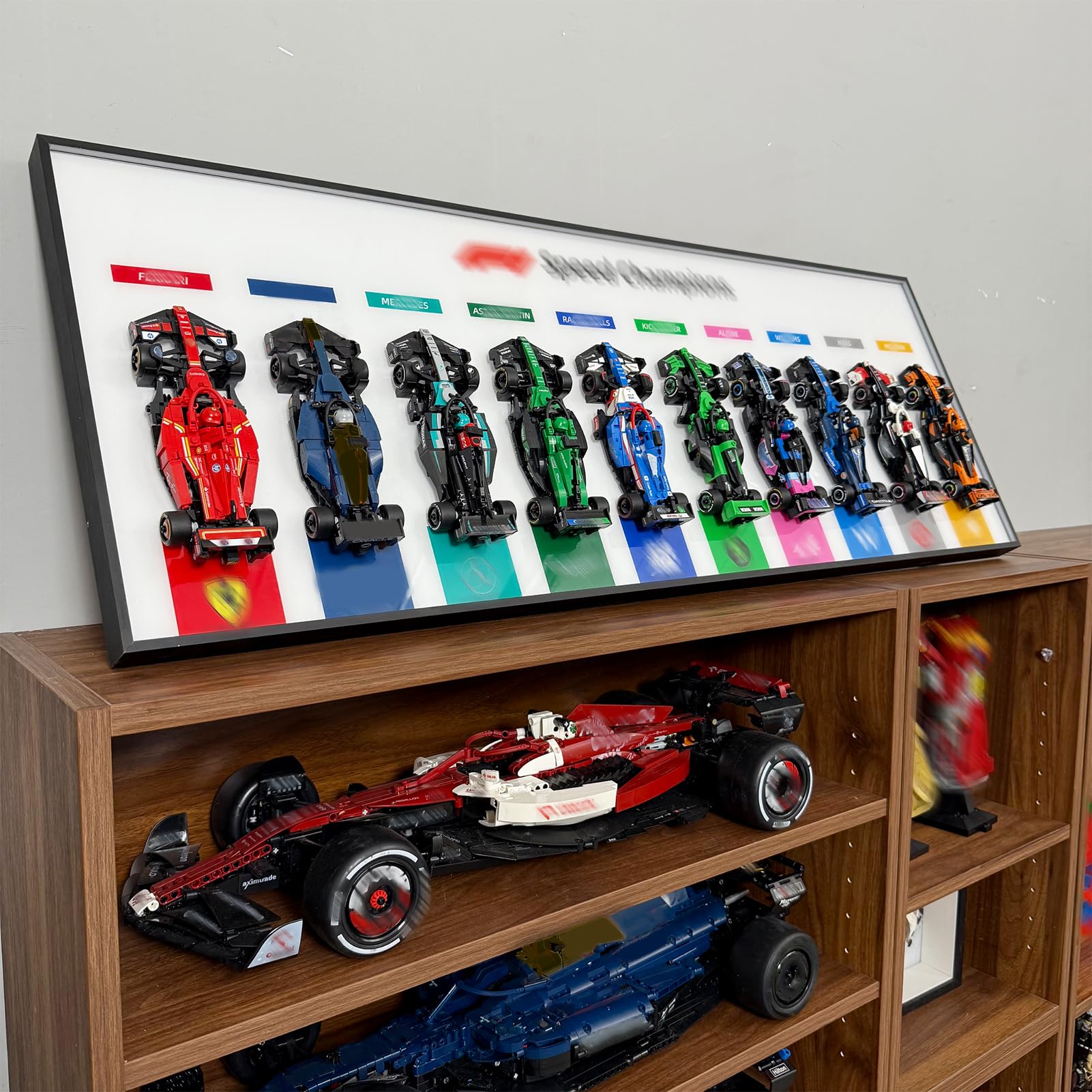 NOVDA Display Frame Compatible with Lego Speed Champions F1 10Cars, 43.31x15.75 Inch Wall Mount Wall Board for Collection Rooms, Living Rooms and Offices (White)(Excluding models)