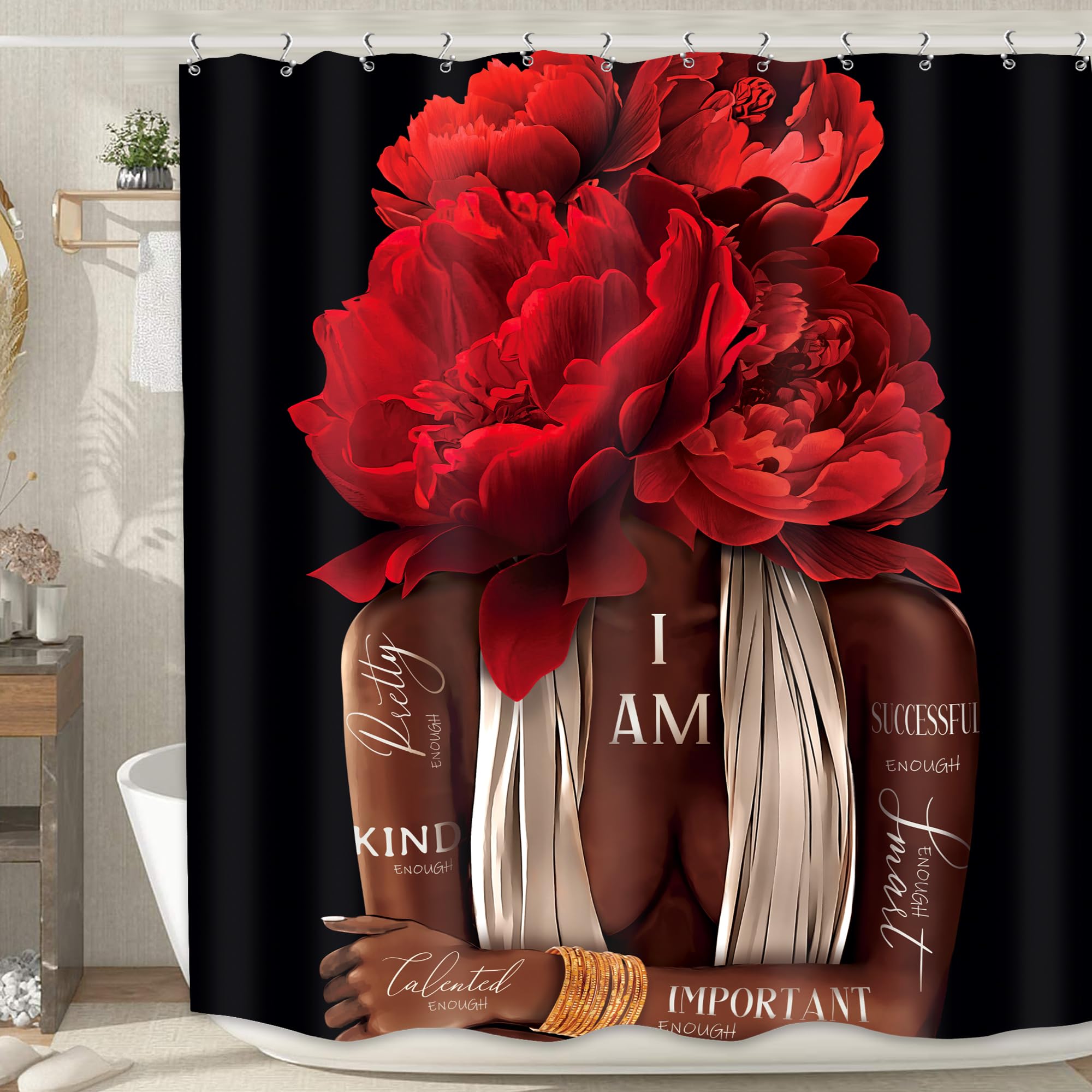 MESHELLY Red Black Girl Shower Curtain 72Wx72H Burgundy Rose Floral African American Bathroom Curtain Black Women Peony Flower Positive Quote Bath