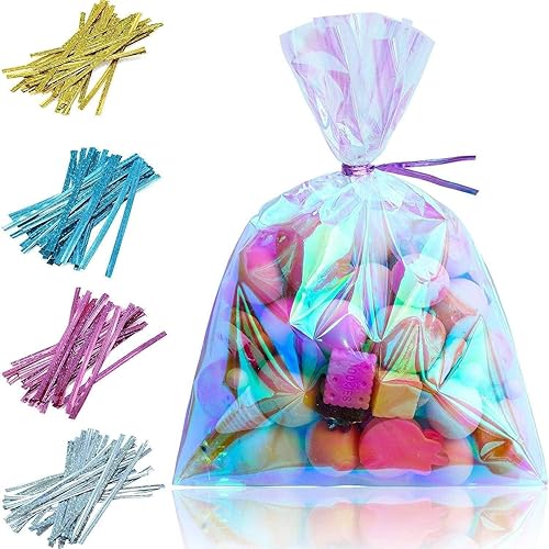 120 Pieces Iridescent Holographic Cellophane Party Favor Treat Bag with 200 Pieces 3 Colors Iridescent Holographic Twist Ties for Party Wedding Girl Birthday (5 x 7 Inch)