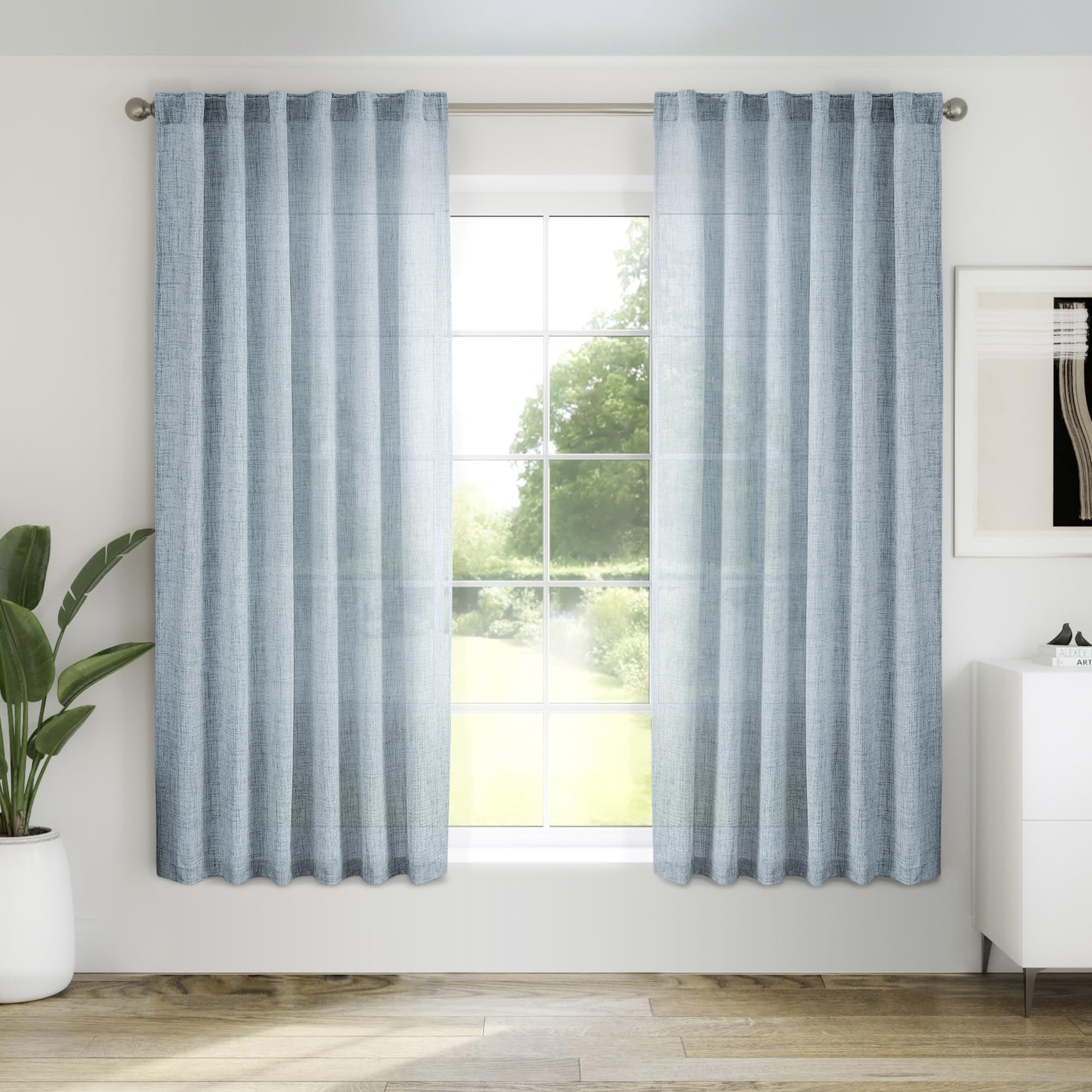 Linen Stone Blue Curtains 63 Inch Length for Bedroom 2 Panels Rod Pocket Semi Sheer Linen Dusty Blue Light Filtering Curtain for Living Room Farmhouse Back Tab Window Treatment