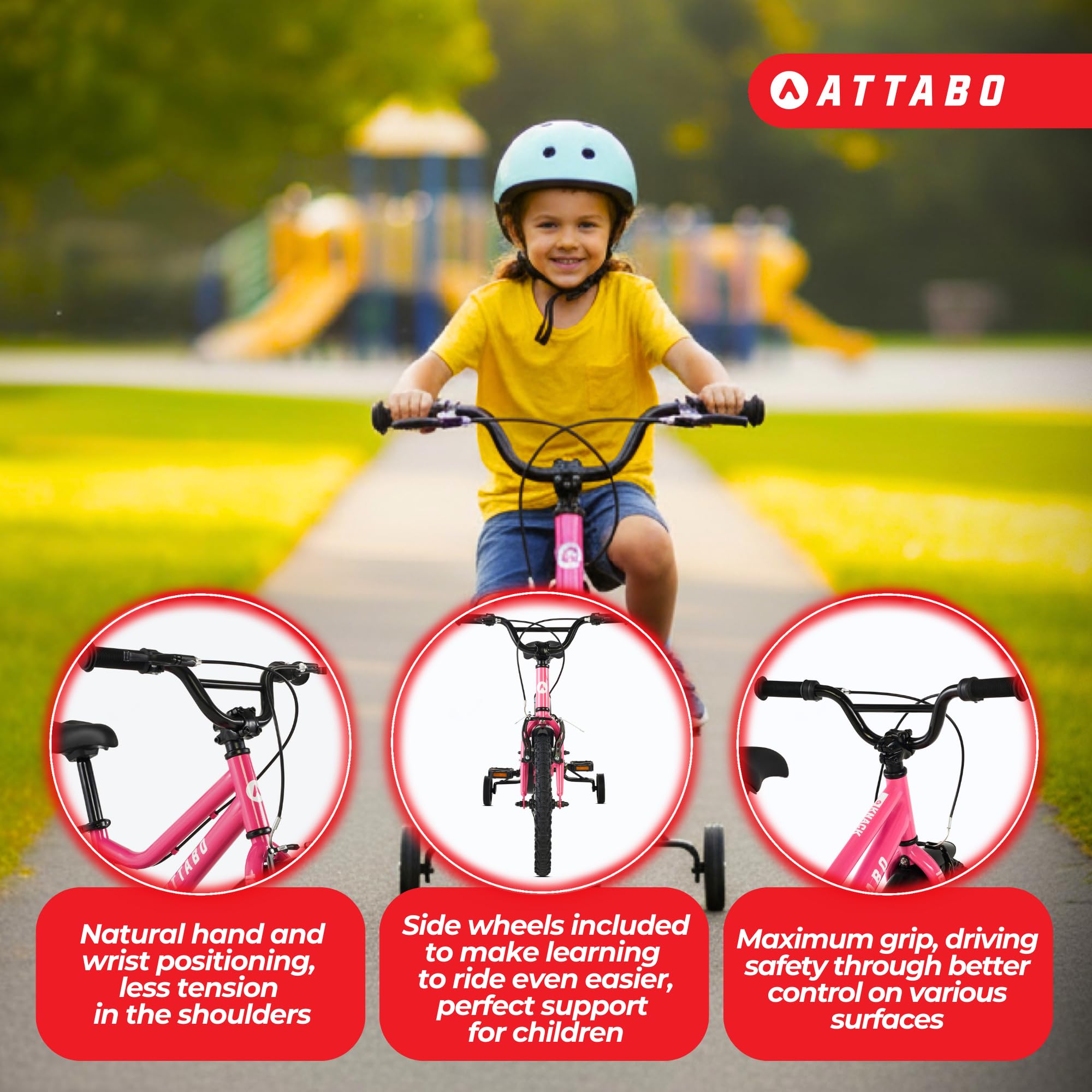ATTABO Rower dziecięcy Knack 16 (5-7 lat) z lekką aluminiową ramą (9 kg), koła 16", do 110-120 cm, ergonomiczna kierownica, stabilna i lekka kierownica, idealny do nauki w