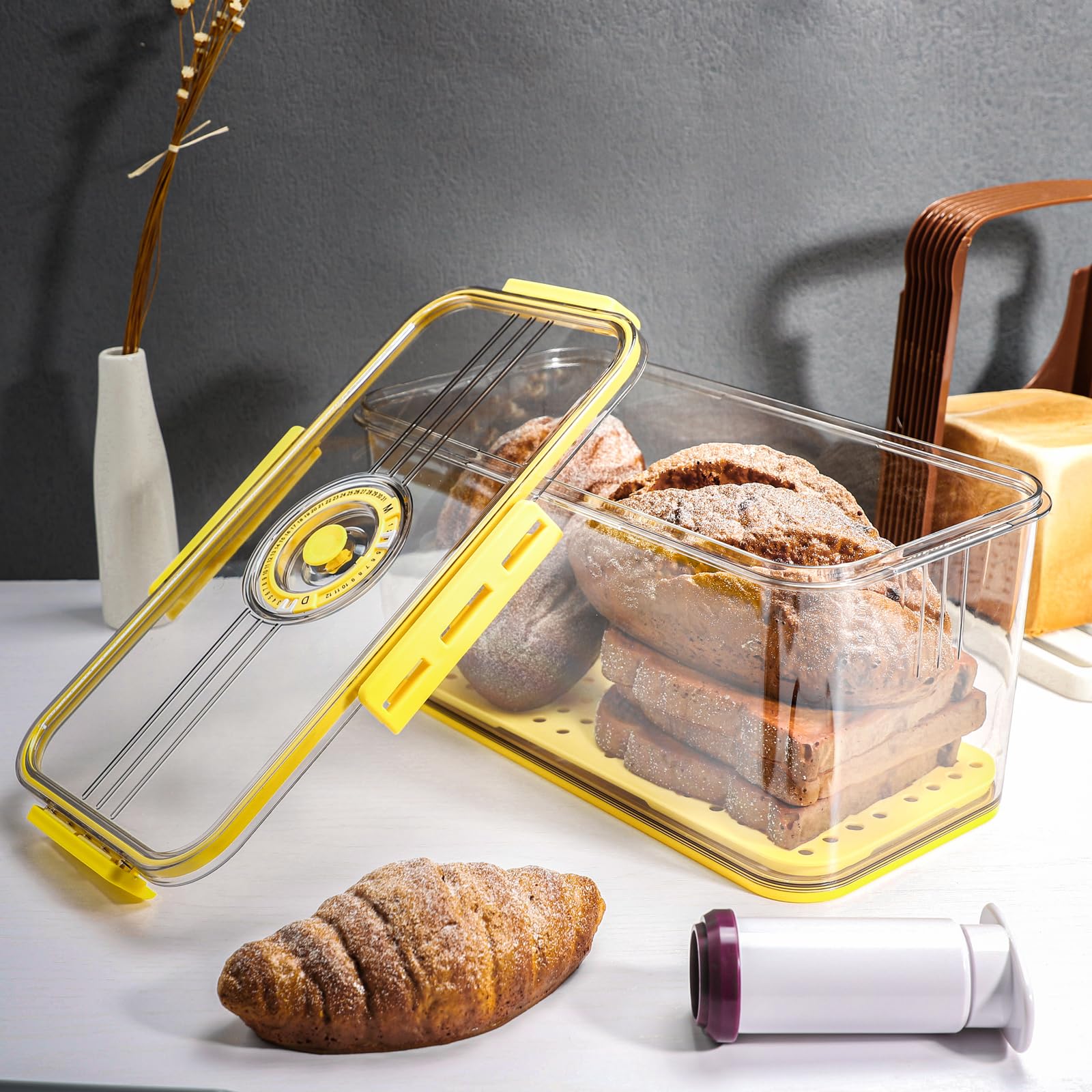 Brotbox für Küchenarbeitsplatte mit Brotschneider, Zeitaufzeichnung Brotaufbewahrungsbehälter mit Deckel Luftdicht, Brotkasten Behälter mit Vakuumpumpe, Brotkasten für selbstgemachtes Brot, Bagel,