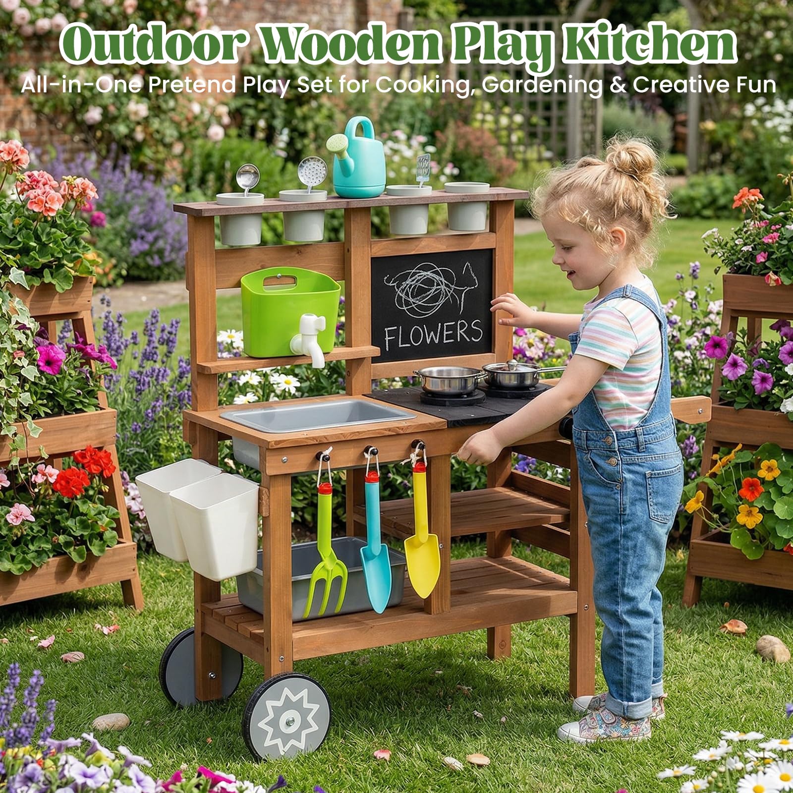 Cucina per bambini per attività all'aperto, giochi da giardino, cucina per bambini, per esterni, con ruote, bollitore, lavello, contenitore per piante in legno (marrone)