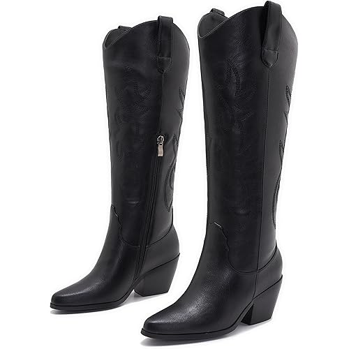 Cowboy Boots For Women -Wide Calf Knee High Cowgirl Boots Botas Vaqueras Para Mujer Classic Embroidered Slip On Pointed Toe Thick Heel western Tall Boots Great For Country Concerts and Parties