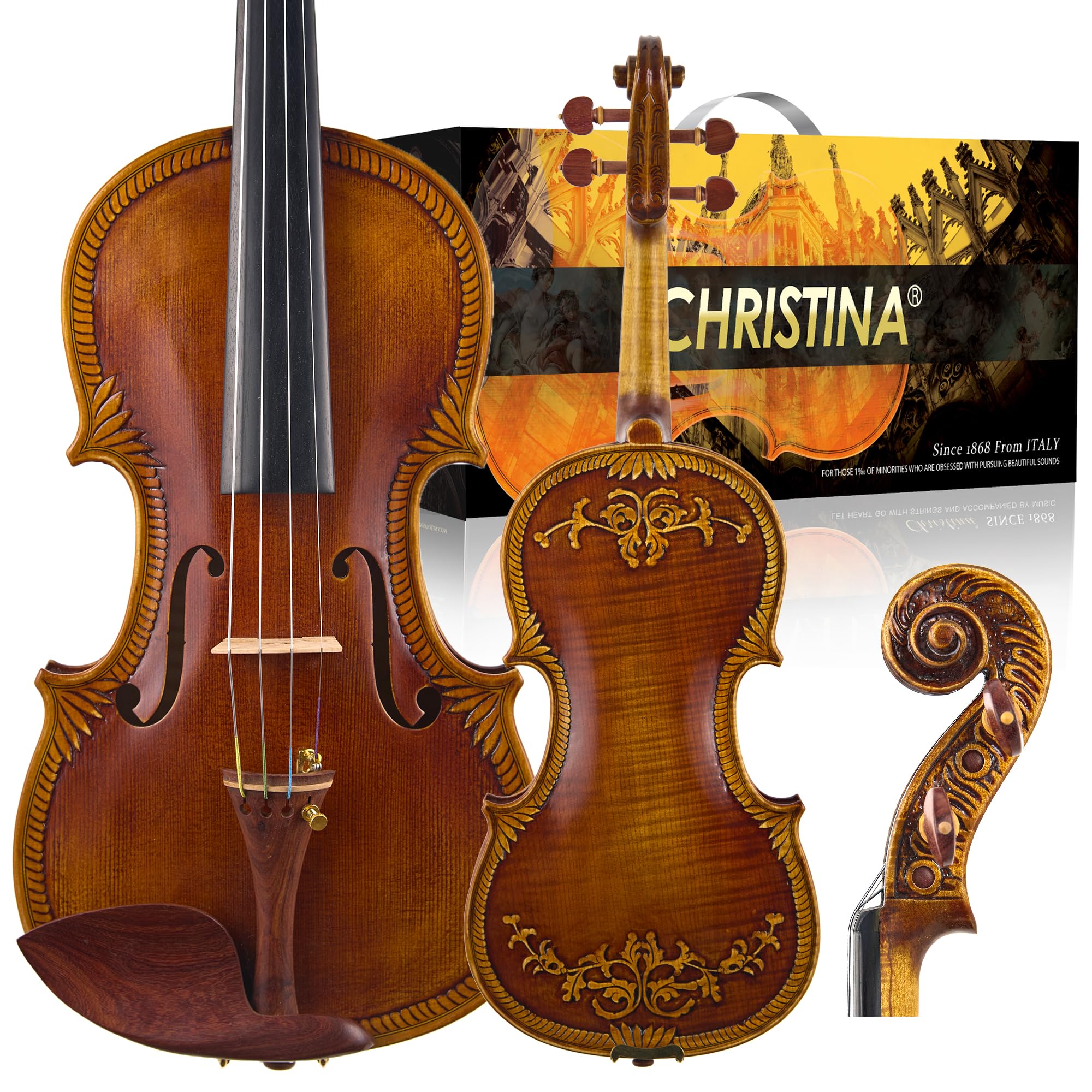 Christina CARVE‑ANTIQUE04 - Violino acustico in legno massello intagliato a mano, professionale, realizzato a mano, con accessori completi, tono premium per musicisti intermedi e avanzati