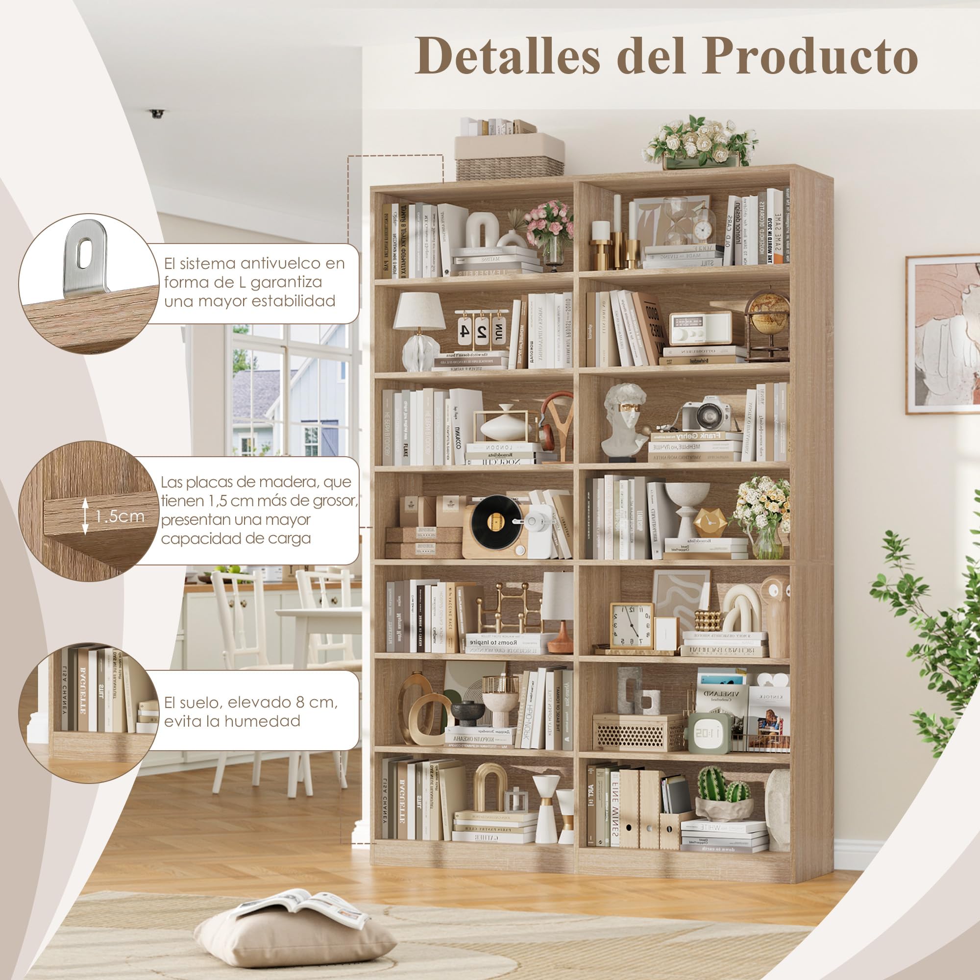 FirFurd Estantería Libros, Estantería Grande, Librería Salón, 14 Estantes | Estanterías Almacenaje Madera Alta, Libreria Estanteria para Salón Oficina Estudio 116x28.5x212cm