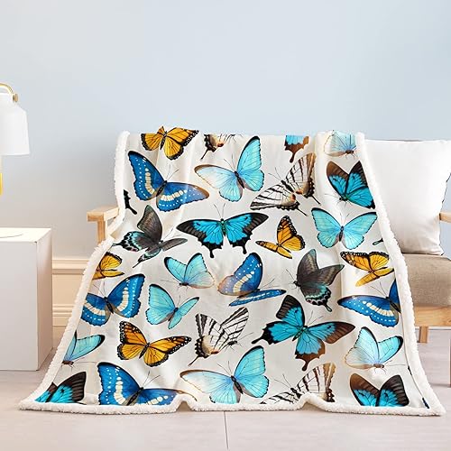 Miniatura 2 de SOULZZZ Manta de mariposa azul, diseño de mariposa amarilla y azul, manta de sherpa de felpa suave con mariposas para niños, niñas, mujeres,