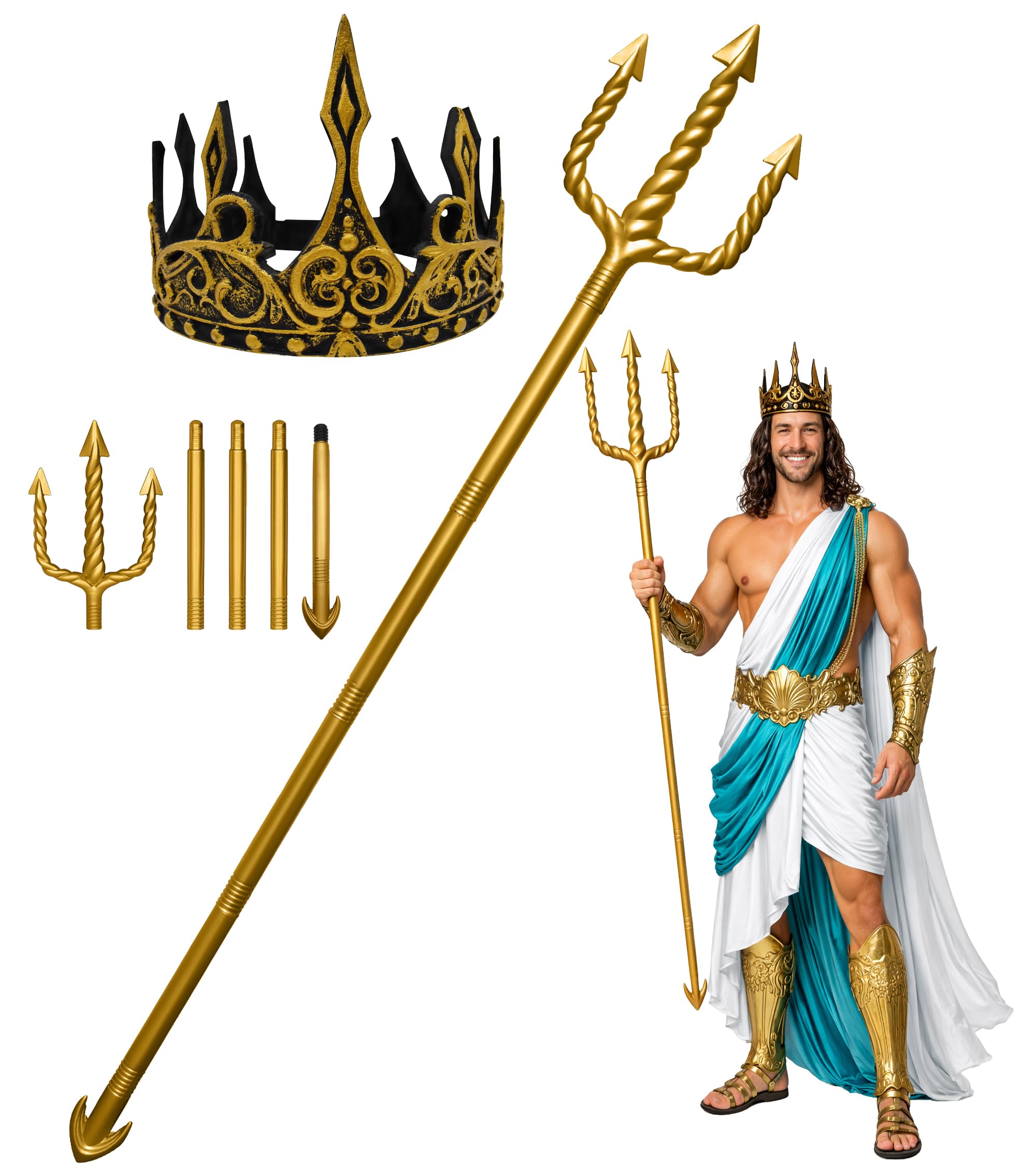 Adult Ocean Sea King Foam Gold Crown and Plastic Trident Staff Cosplay Set - Adjustable Halloween Costume Accessory Props, One Size, Gold