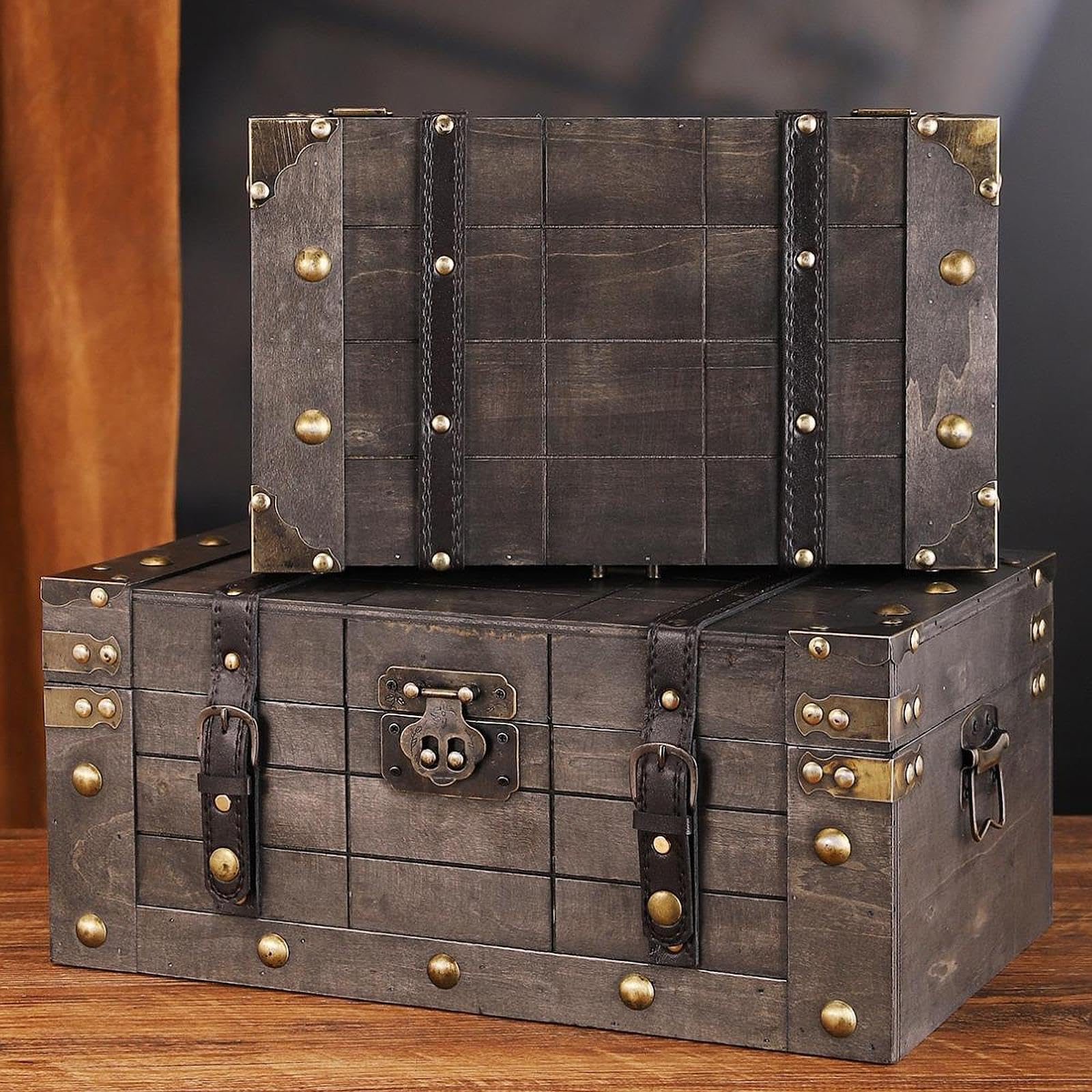 Baúl Pirata Caja de Recuerdos Contenedor Portátil Vintage Tapa Abatible Material de Madera Aleación Adecuado para Almacenaje Regalos, 33 Cm X 20 Cm X 14
