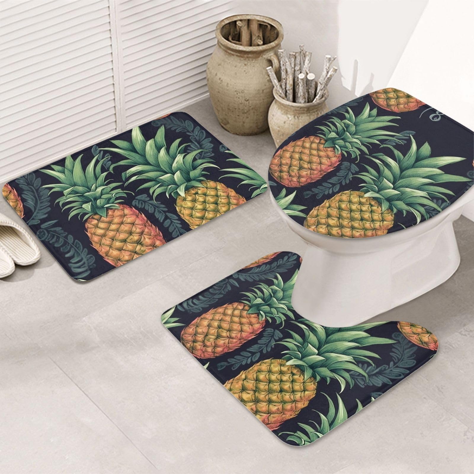 Tapis de salle de bain motif ananas avec contour U absorbant lavable