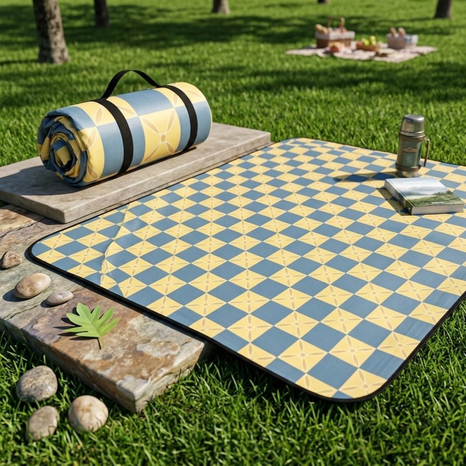 Couverture de pique-nique portable 200 x 200 cm, imperméable, tapis de sol épais pour parc et plage (noir)