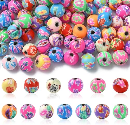 Ipotkitt 200 Pcs 8mm Polymer Clay Round Beads Handmade Loose er Beads Colorful Bubblegum Ball Beads Clay Flower Pattern Beads for Jewelry Making