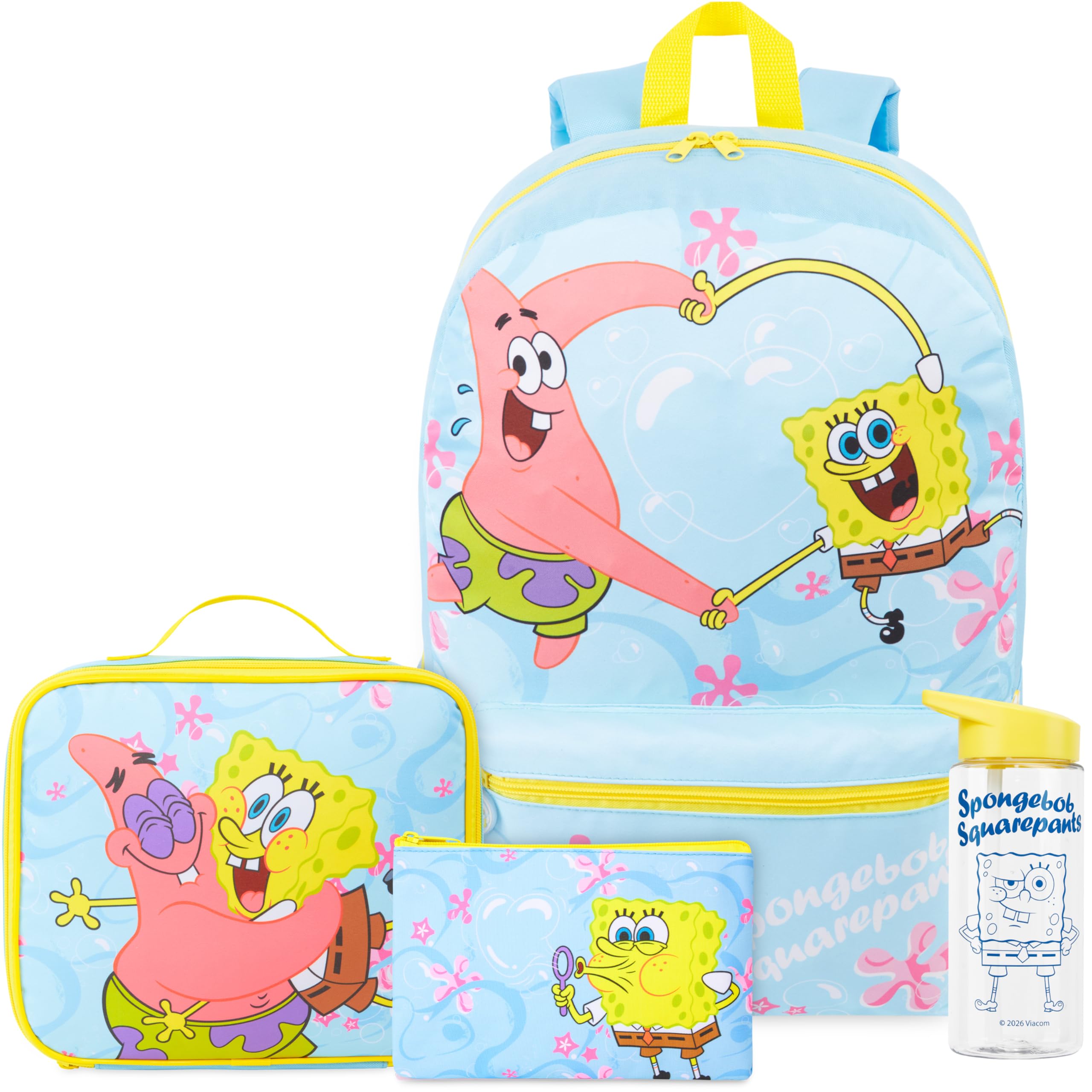 Get Trend Bob Esponja Mochila Escolar Set, 4 Piezas con Grande Mochila Niña 46cm, 500ml Botella Agua Sin BPA, Estuche Escolar y Bolsa Isotermica (Azul Claro/Amarillo Spongebob)