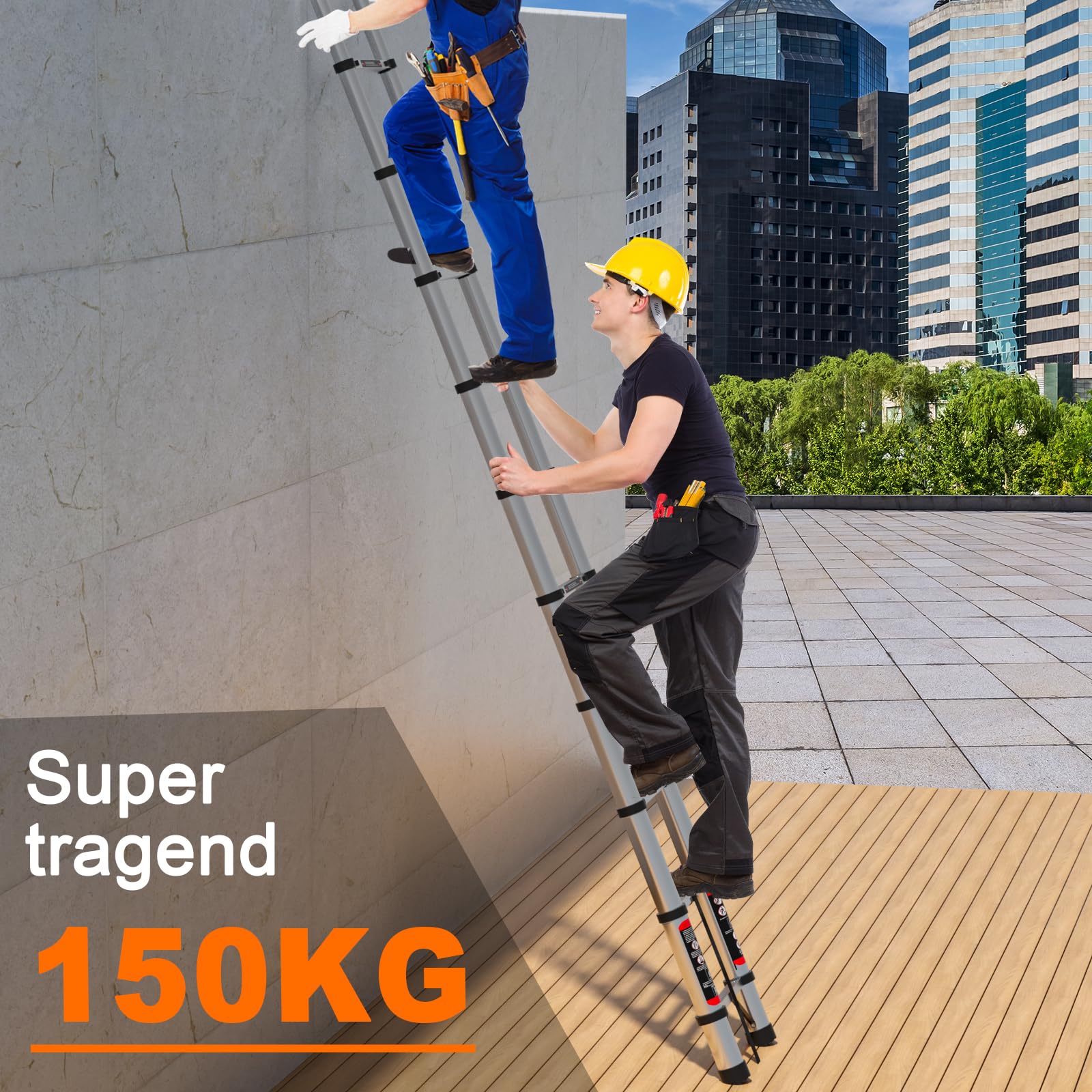 5M Teleskopleiter mit Haken, Edelstahl Verstärkt Leiter Klappleiter Ausziehleiter Tragbare Stehleiter Teleskop-Design mit Rutschfesten Gummifüßen, Mehrzweck-Leiter für Garten und Innen,Tragkraft 150kg