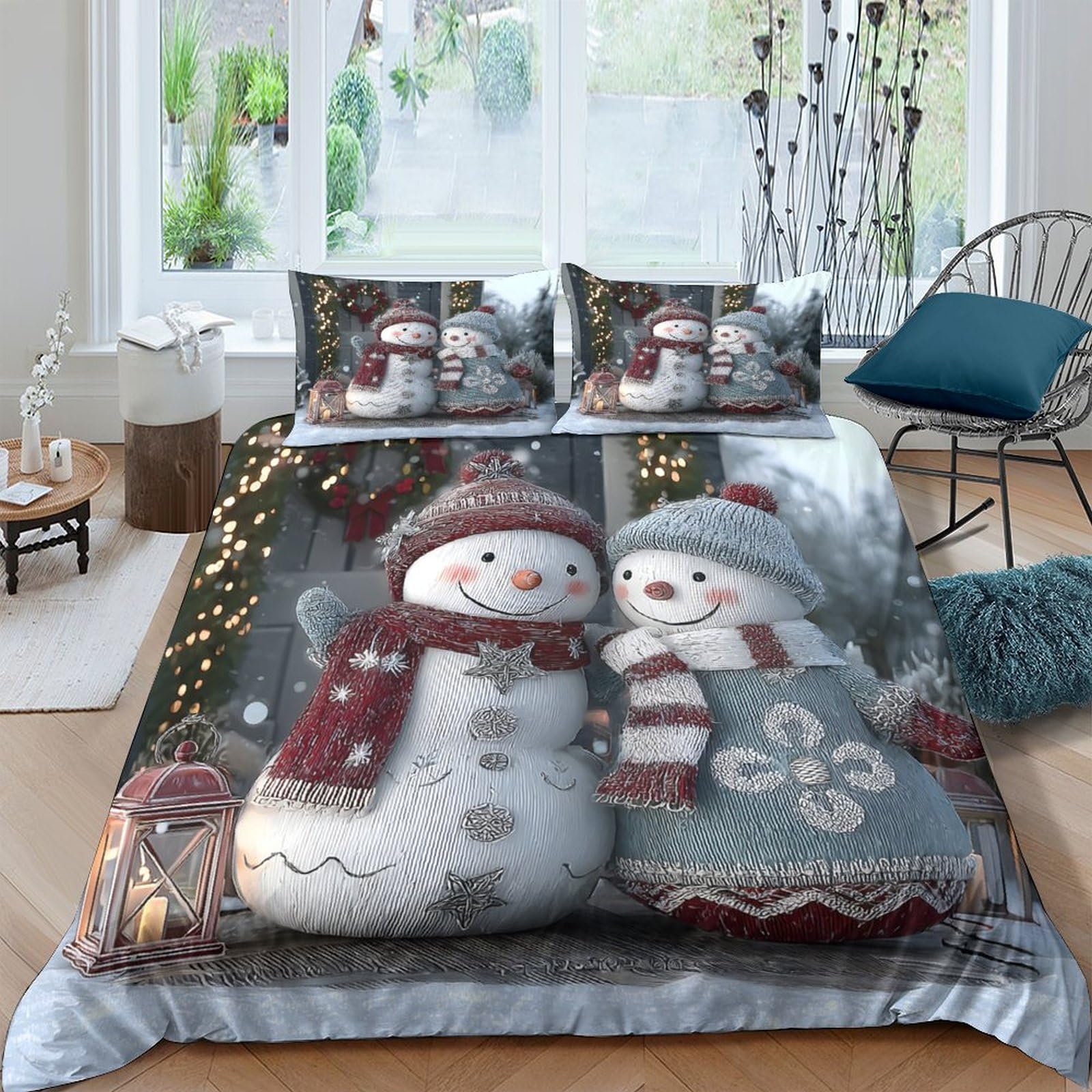 GPLZQXKJNH 3D Printed Snowman Christmas Duvet Cover Microfiber Soft Breathable Winter Scene Bedding Set with 2 Pillowcases for Bedroom Decor Single（135x200cm）