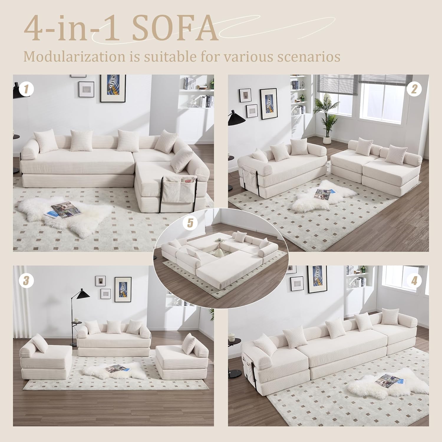 Convertible Folding Sofa Bed, Modular Futon Couch with Fixed Frame and Pillow Back Handrail, Cloud Floor Couch for Living Room, Dormitory, Guest Room, Office, Apartment (Beige)
