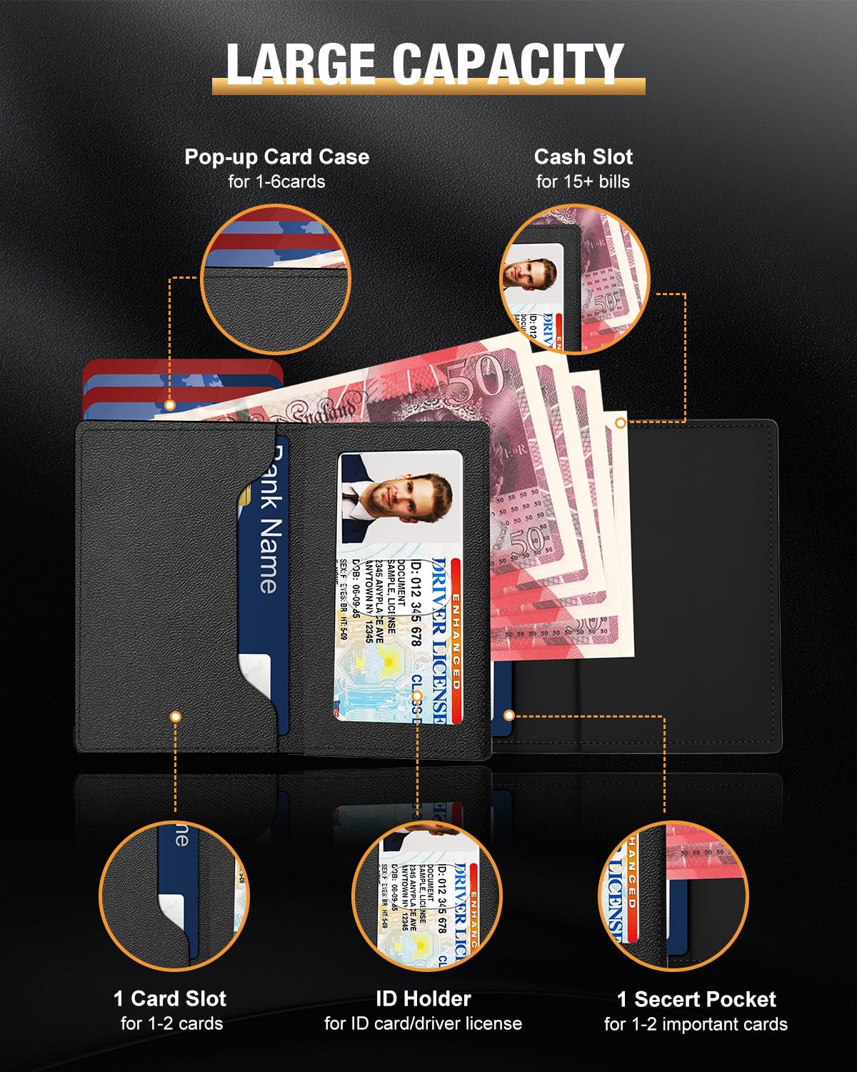 dwnkove Etui na karty dla mężczyzn, smukły portfel z kieszenią na monety i ochroną RFID i okienkiem na dowód osobisty, inteligentny portfel pop-up dla mężczyzn i etui na karty, skórzany portfel
