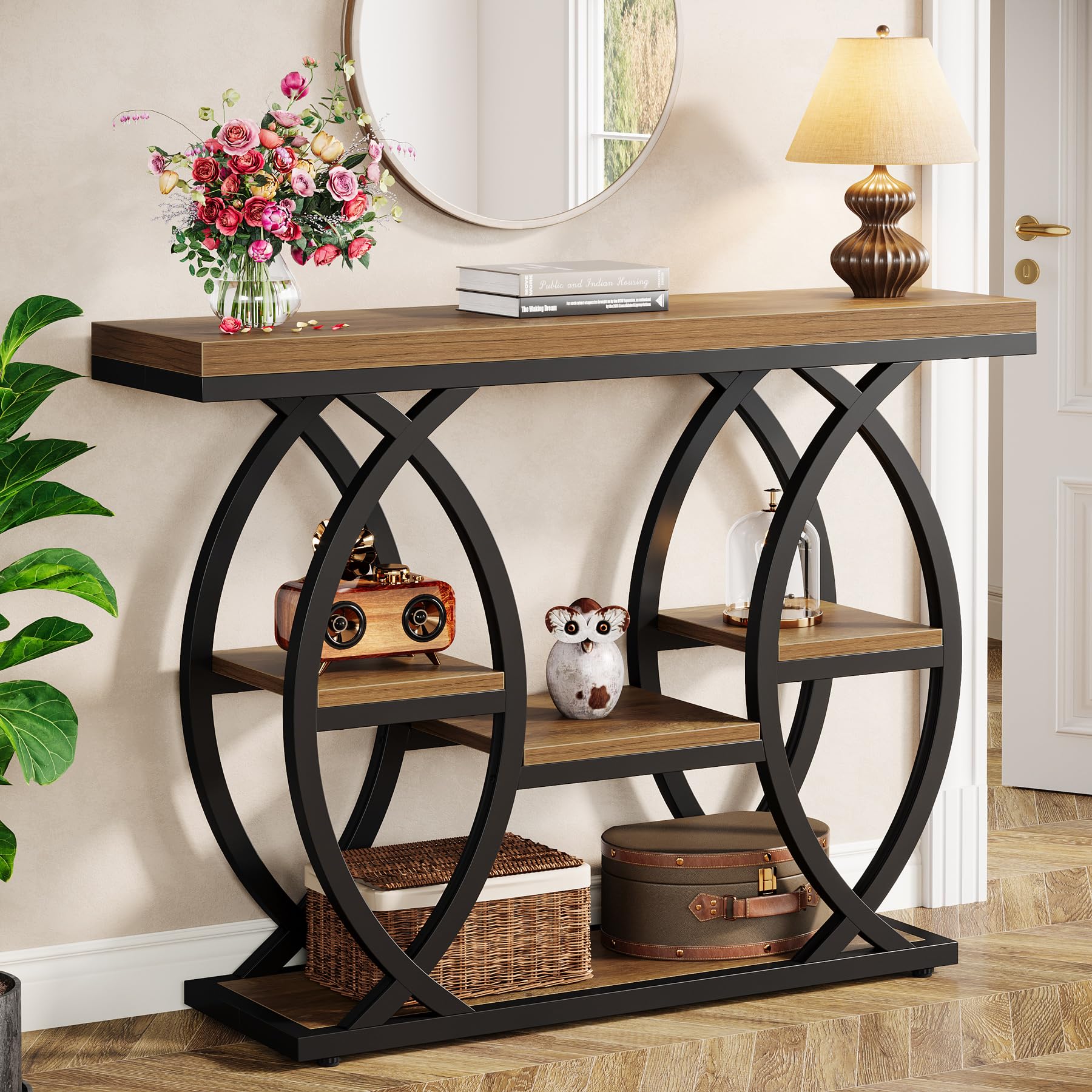 Tribesigns Tavolo consolle da 100 cm, tavolo industriale a 4 livelli con ripiani portaoggetti, tavoli decorativi in legno stretti con telaio in metallo per piccoli spazi, corridoio