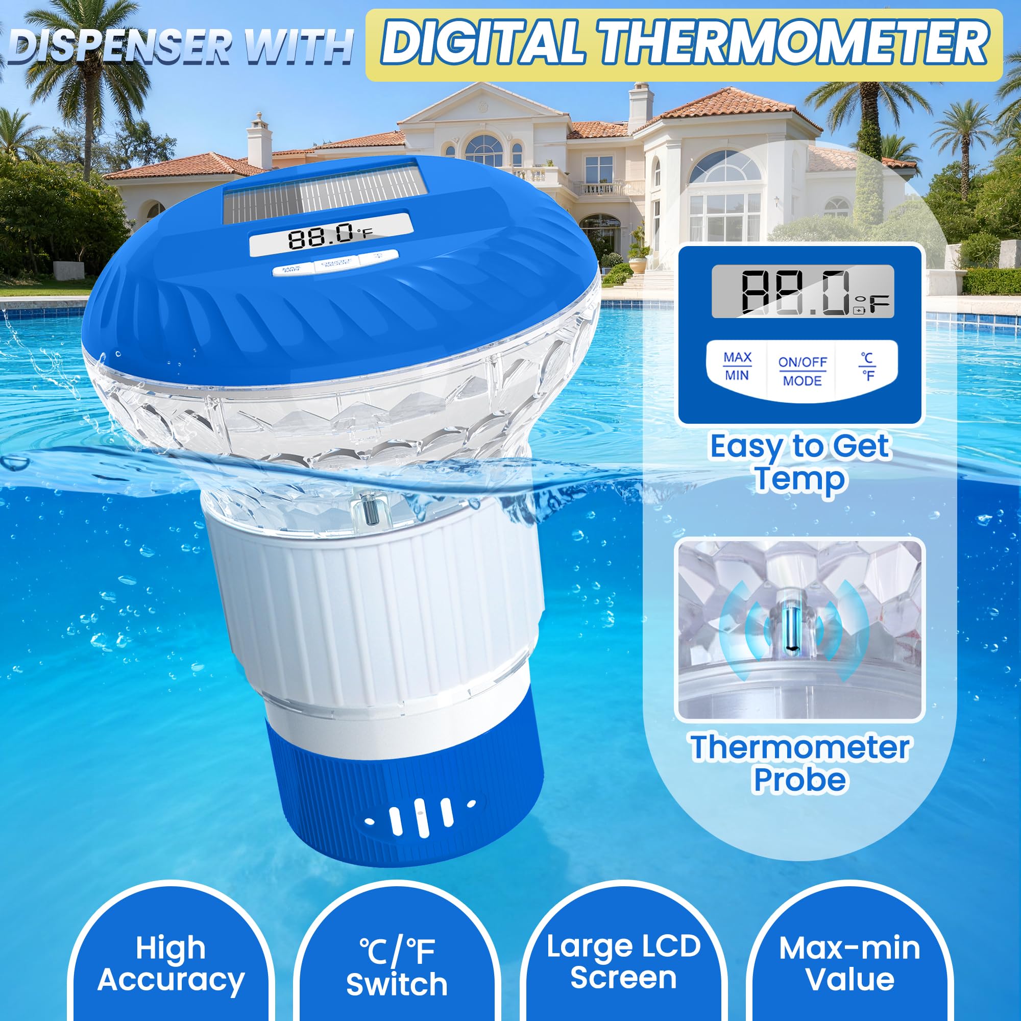 Flotteur de chlore de piscine amélioré avec thermomètre, flotteur de chlore de piscine à écran numérique, flotteur solaire de chlore avec lumière, bouton de contrôle du distributeur de chlore