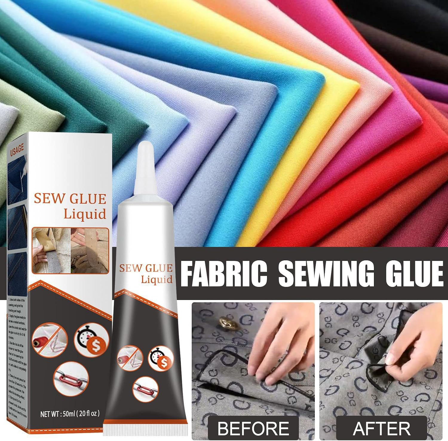 Cloth Repair Sew Glue 50ml, 2022 New Instant Sew Glue Bonding Liquid, Fabric Glue for Clothing Permanent Washable, for Clothing Cotton Flannel Denim Leather (3Pcs)
