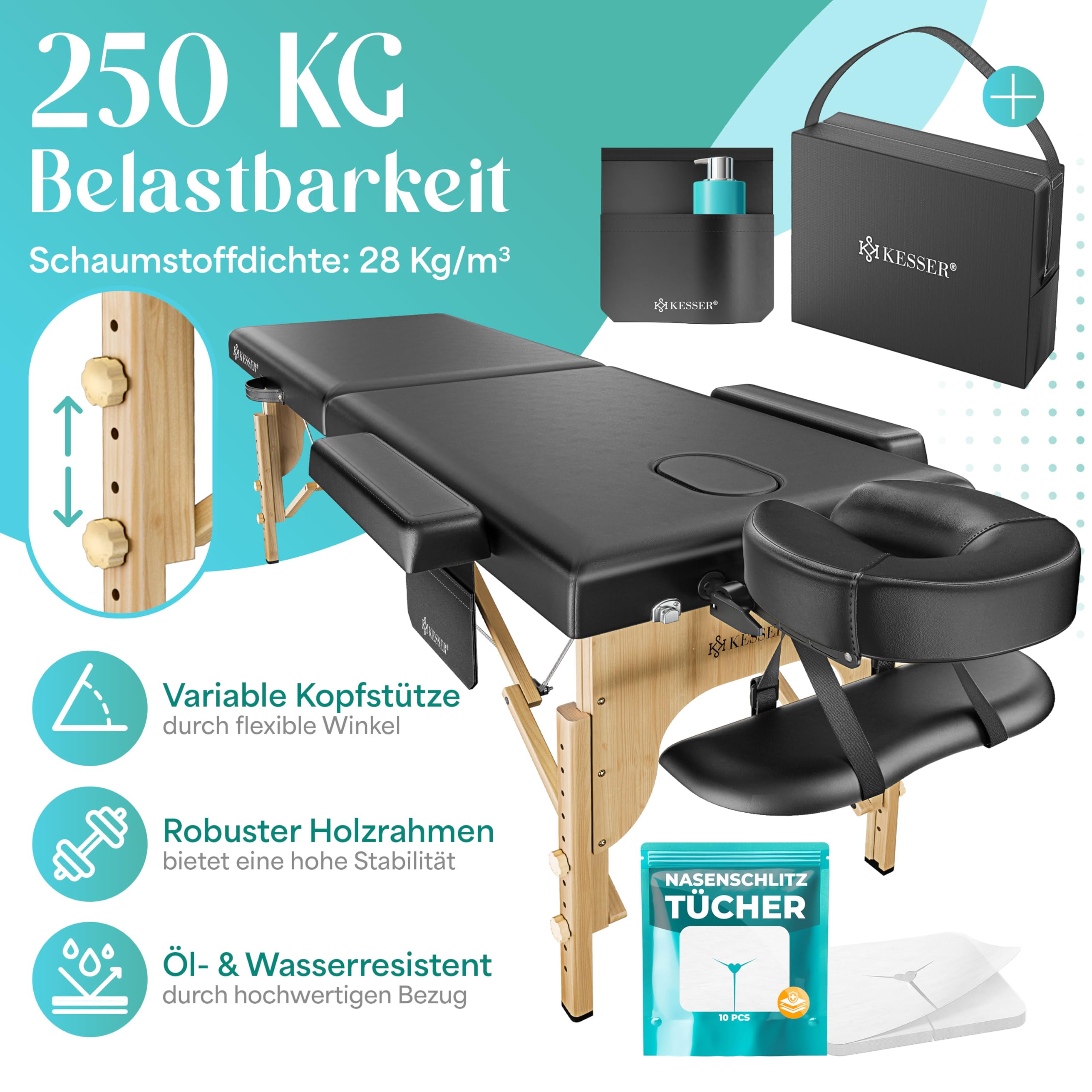 KESSER Camilla de masaje móvil con pies de madera, plegable y regulable en altura máx. 250 kg, cama de masaje de 2 zonas, mesa de masaje, camilla de cosmética, tumbona ancha, reposacabezas y