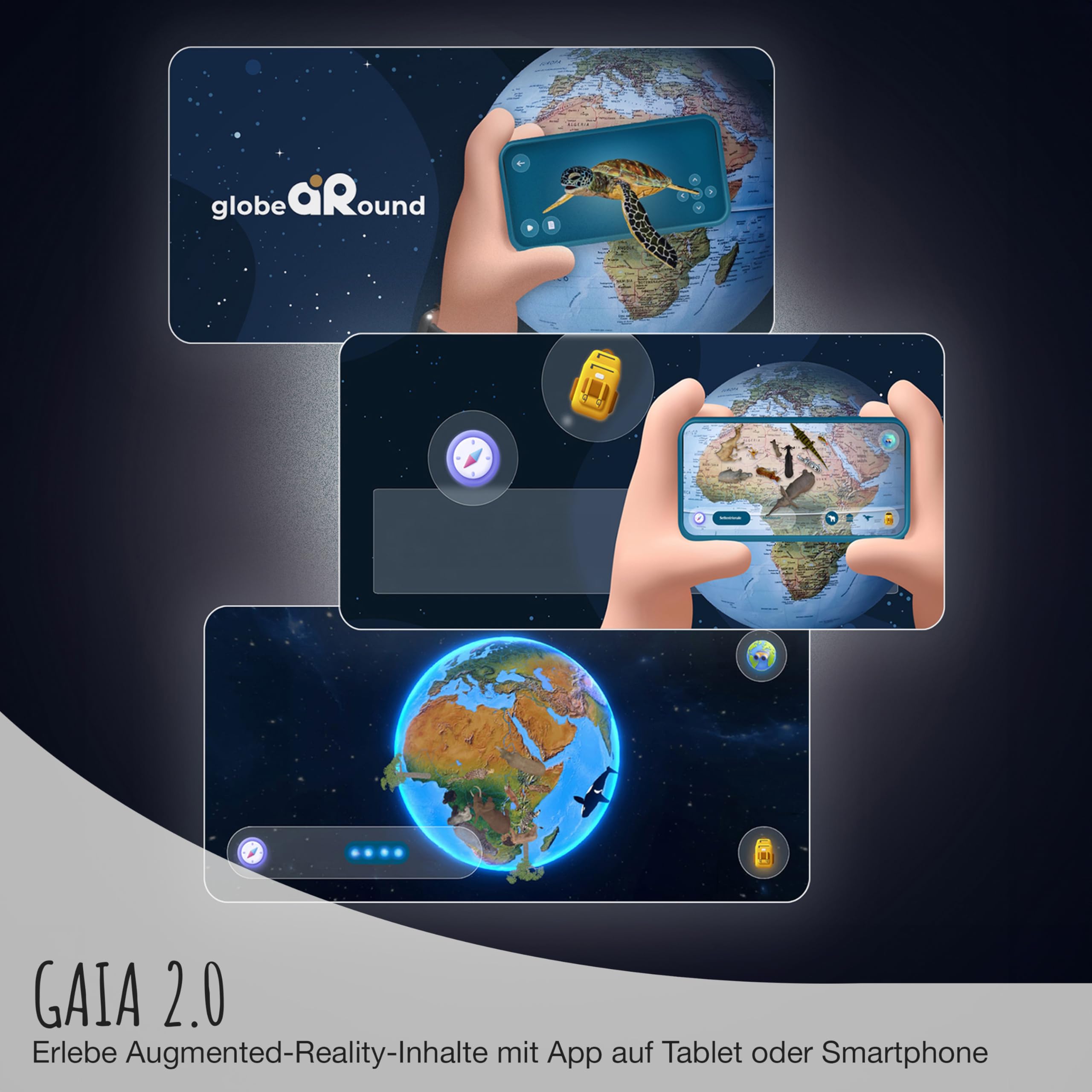 Gaia 2.0 - interaktiver 25 cm Globus mit aktueller Augmented Reality App, Leuchtglobus mit deutscher, physisch/politischer Doppelbild-Kartografie