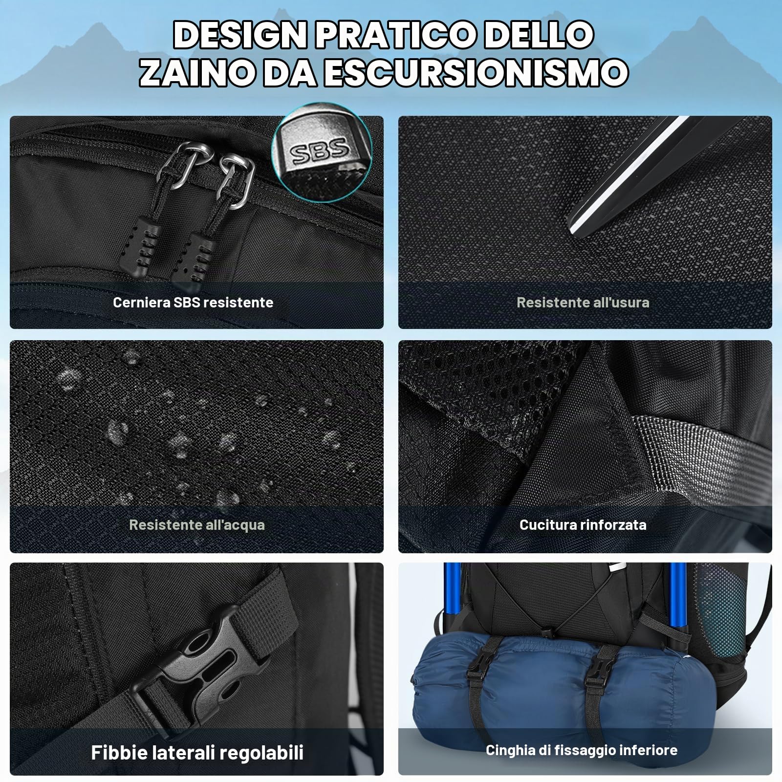RAINSMORE Zaino Trekking 40 Litri Pieghevole Zaino Montagna Per Uomo Donna | Impermeabile Ultraleggero Zaino Da Viaggio Per Arrampicata,Escursionismo Nero