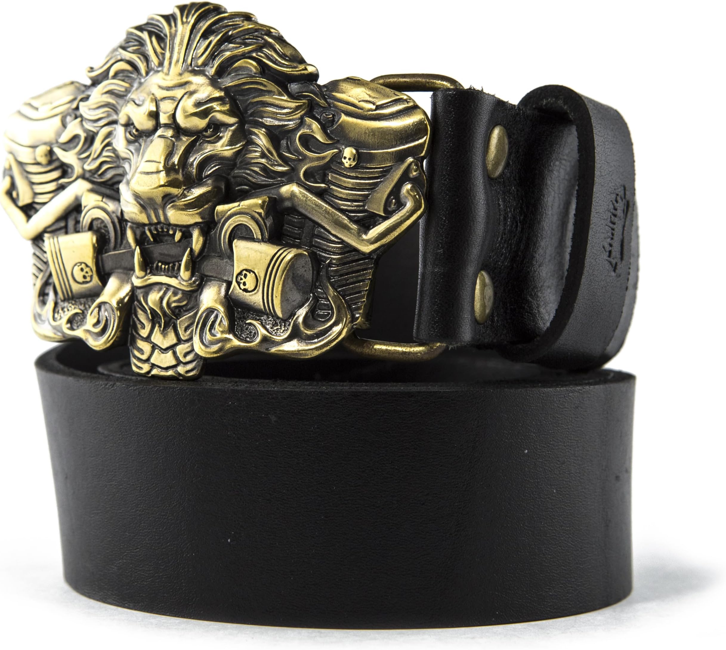 Casual leather belt with buckle BURNING LION, Handmade bikers animal style solid brass belt buckle on leather belt