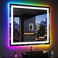 Vista 3 de LOAAO Espejo de baño LED de 40 x 36 pulgadas con luces, antiniebla, regulable, retroiluminación RGB + iluminación frontal, espejo de tocador de baño