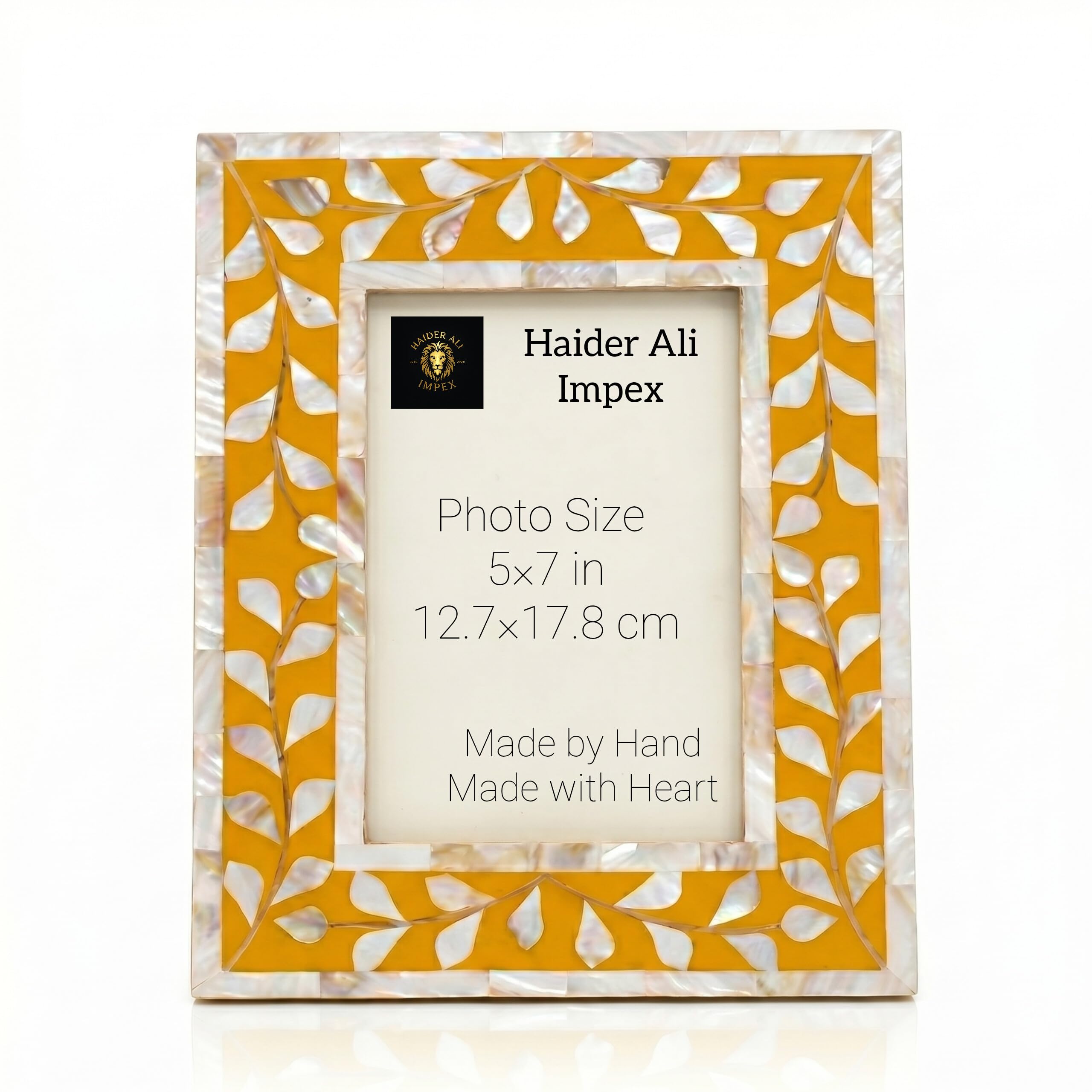 Mother of Pearl Picture Frame 5x7 - Handcrafted Mustard Yellow Botanical Photo Frame for Desk & Wall Display - Floral Boho Decor