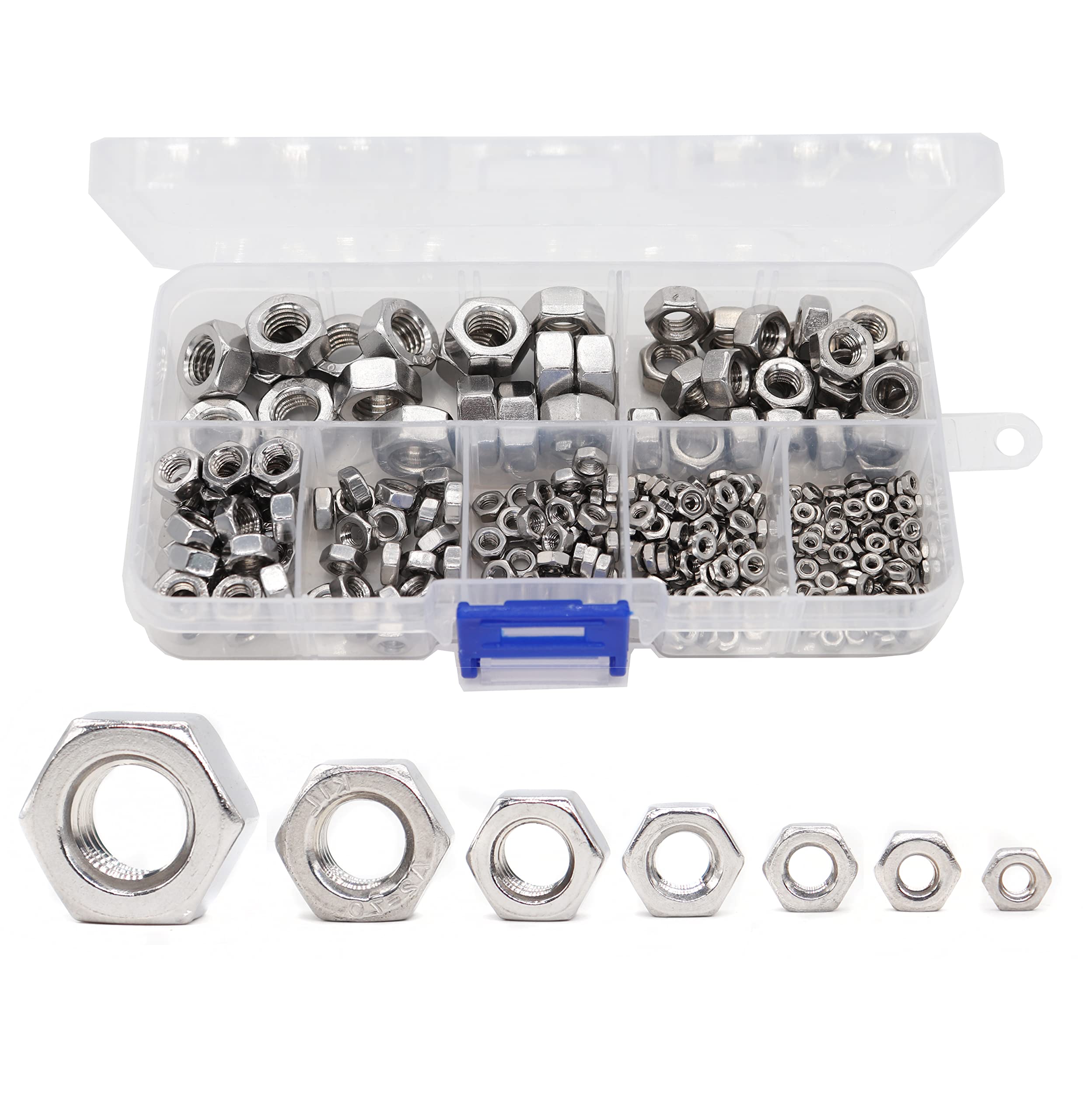 cSeao 360pcs 304 Stainless Steel SS Coarse Metric Hex Nuts Assortment Kit, M2 M2.5 M3 M4 M5 M6 M8, Plain Finish