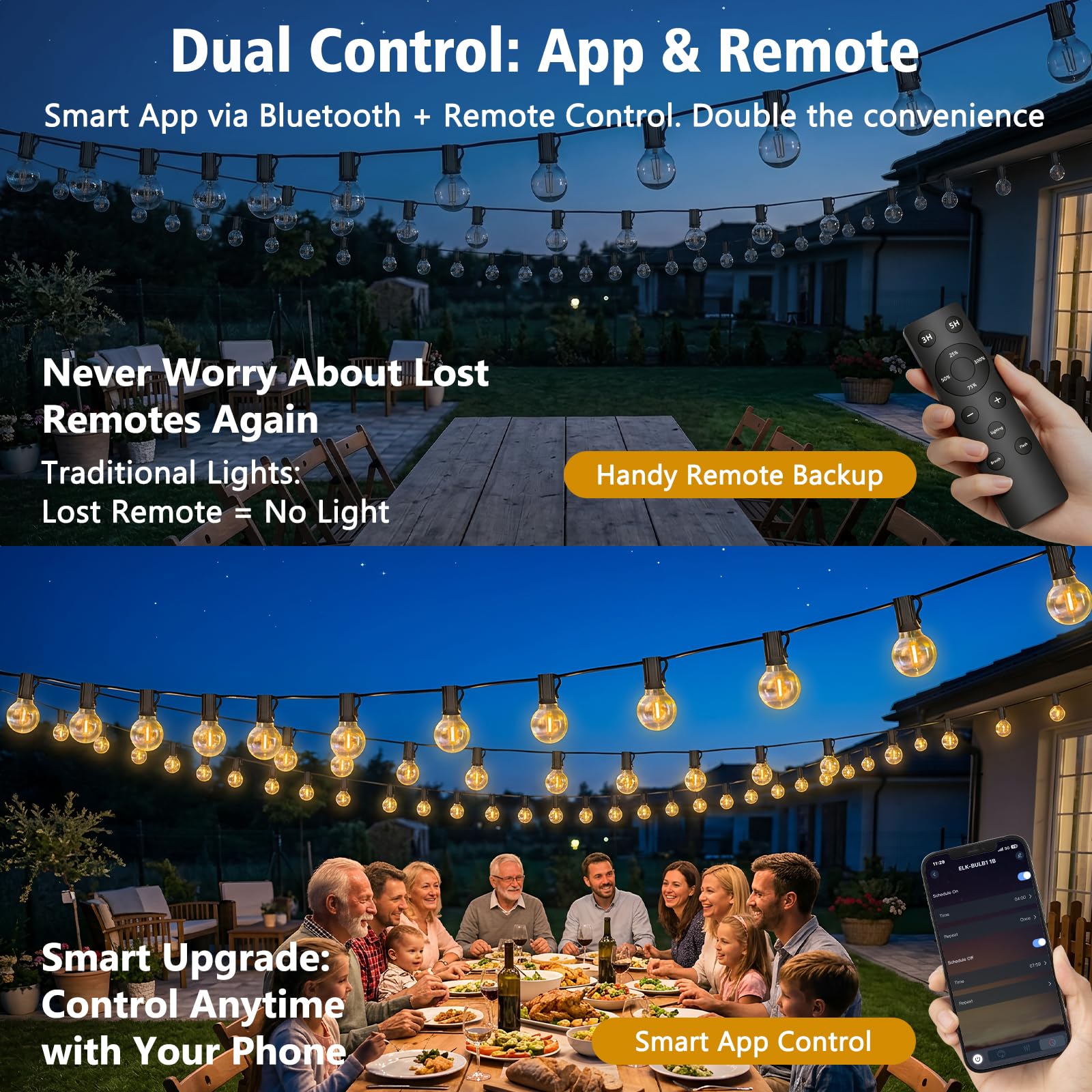 Loowoko Guirlande Lumineuse Extérieure 30M G40 - LED Intelligente avec App & Télécommande, Double Contrôle, 40+2 Ampoules Dimmables, IP44, Minuterie pour Jardin, Balcon, Soirées