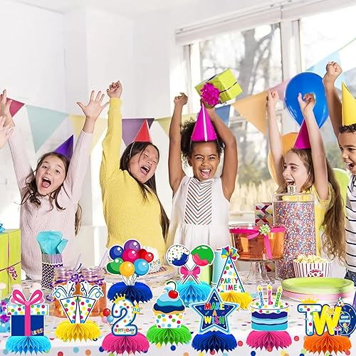 Miniatura 7 de Juego de 10 piezas de decoración de cumpleaños de 2 años, adornos de mesa 3D, tarjetas de soporte de doble cara para suministros de fiesta de