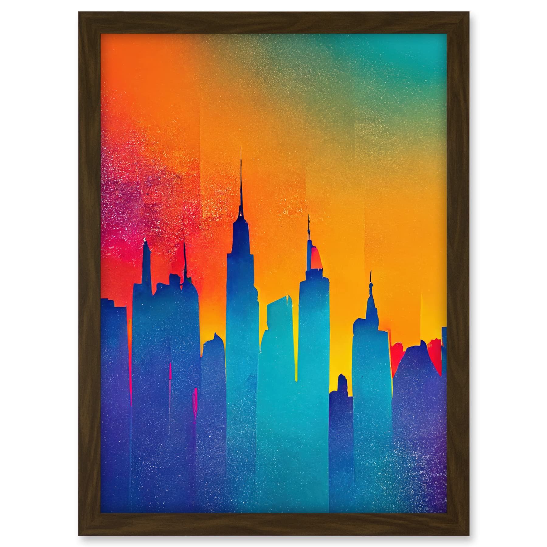 Wee Blue Coo Modern Abstract Warm Bright Colourful New York Sunset Skyline Artwork Framed A3 Wall Art Print