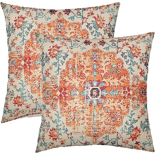 Boho Ethnic Pillow Covers 18x18 Inch Set of 2 Bohemian Rust Carpet Throw Pillows For Couch Burnt Orange Blue Teal Geometric Decorative Pillow Cases Farmhouse Home Decor For Couch Sofa Room Outdoor