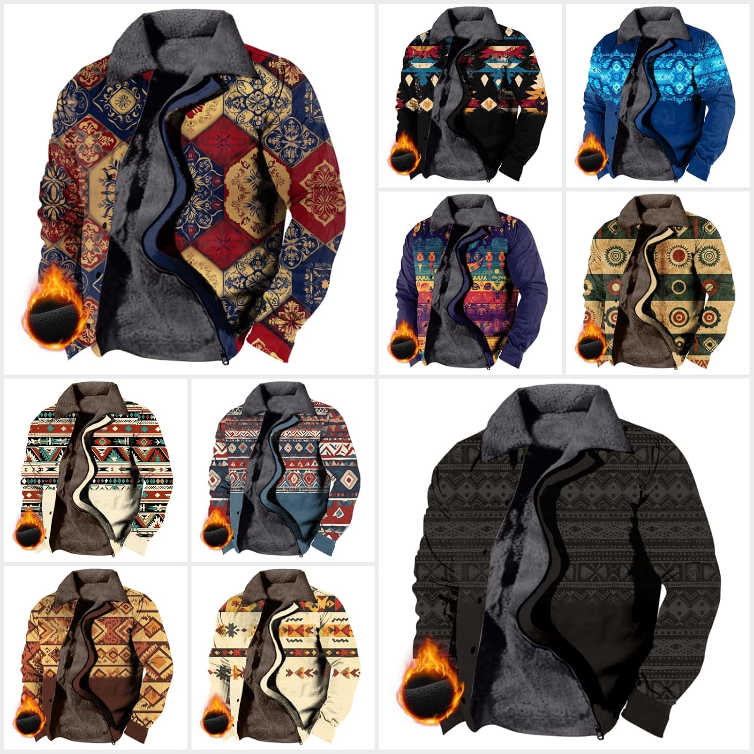 MARSVOVO Vintage Aztec Western Fleece Winter Coats for Men Retro Sherpa Lined Jacket Warm Zip Up Jackets Casual Stylish - Image 4
