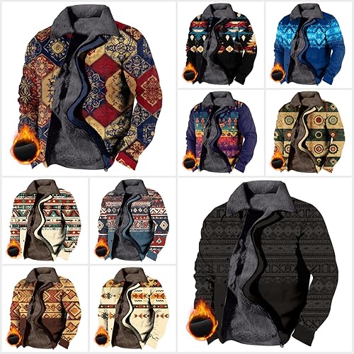 Miniatura 4 de MARSVOVO Abrigos de invierno vintage azteca occidental de forro polar para hombre, chaqueta retro con forro de sherpa, chaquetas cálidas con