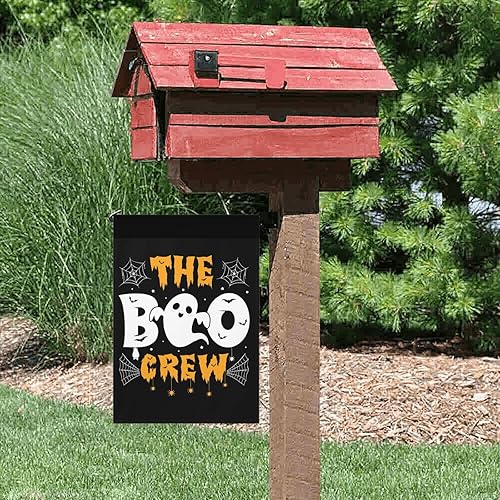 Miniatura 10 de Bandera de Halloween para jardín, bandera de jardín con texto en inglés Here for the Boos, bandera de jardín pequeña de doble cara para decoración