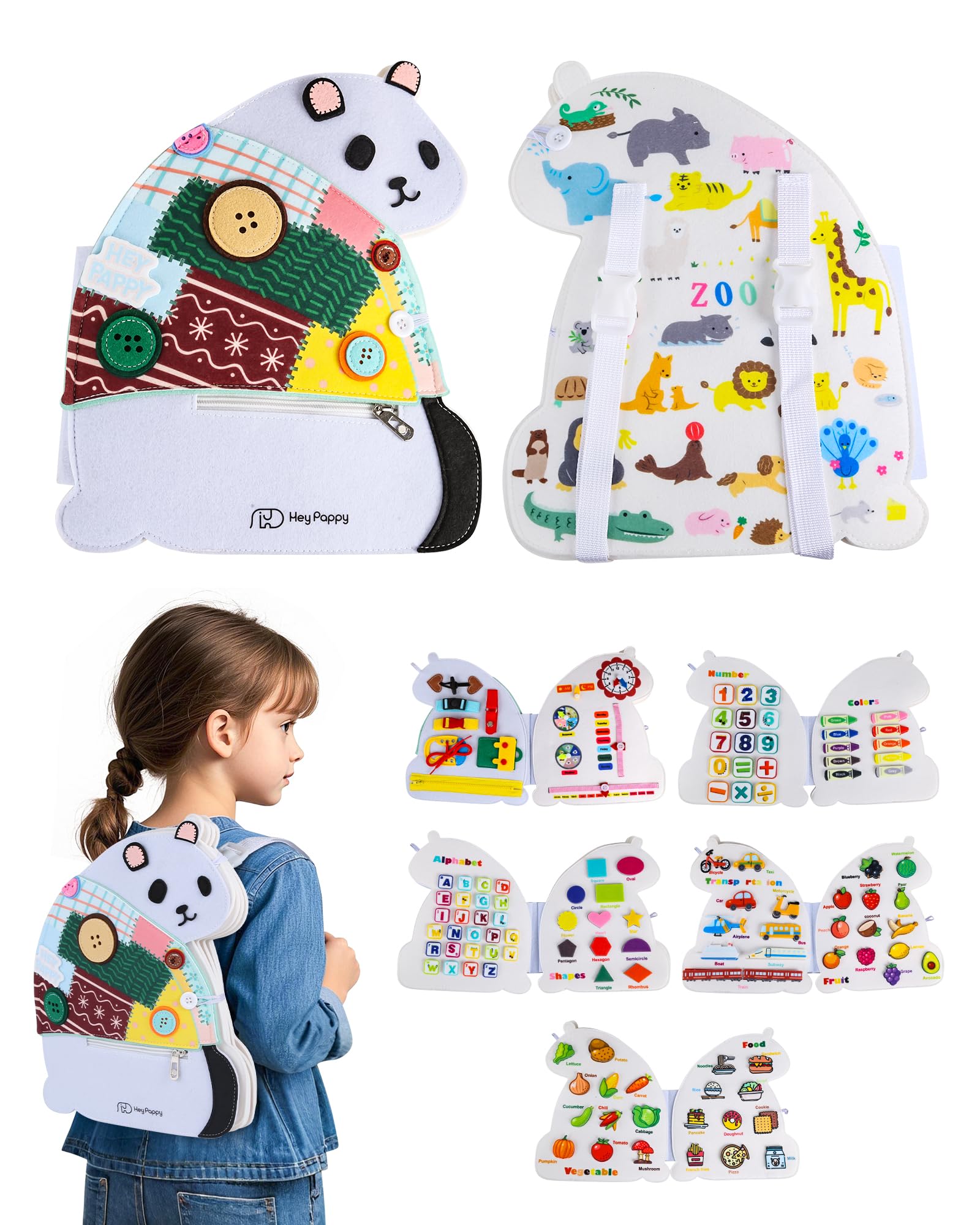 Heypappy Busy Board,12 in 1 Montessori Busy Board Feltro,Montessori Didattici Libro Sensoriale Educativo, Giocattolo per Abilità Motorie con Cintura Zaino Regalo Bambino Compleanno Natale