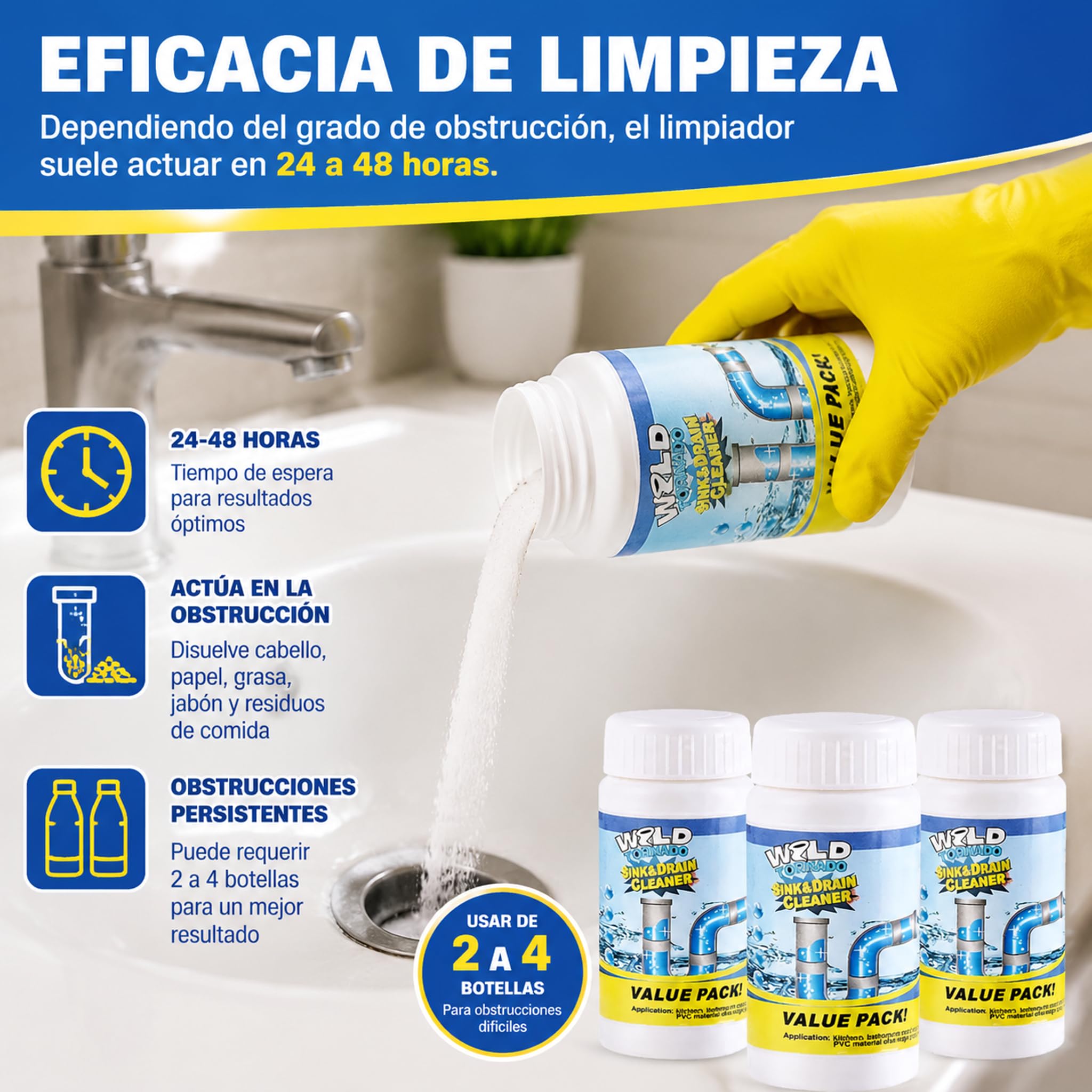 Drainelix Abflussreiniger, Leistungsstarker Abflussreiniger Für Toiletten, Küchen, Badezimmer Und Duschen – Wirksam Gegen Haare, Papier, Seifenreste, Speisereste Und Fett (3pcs)