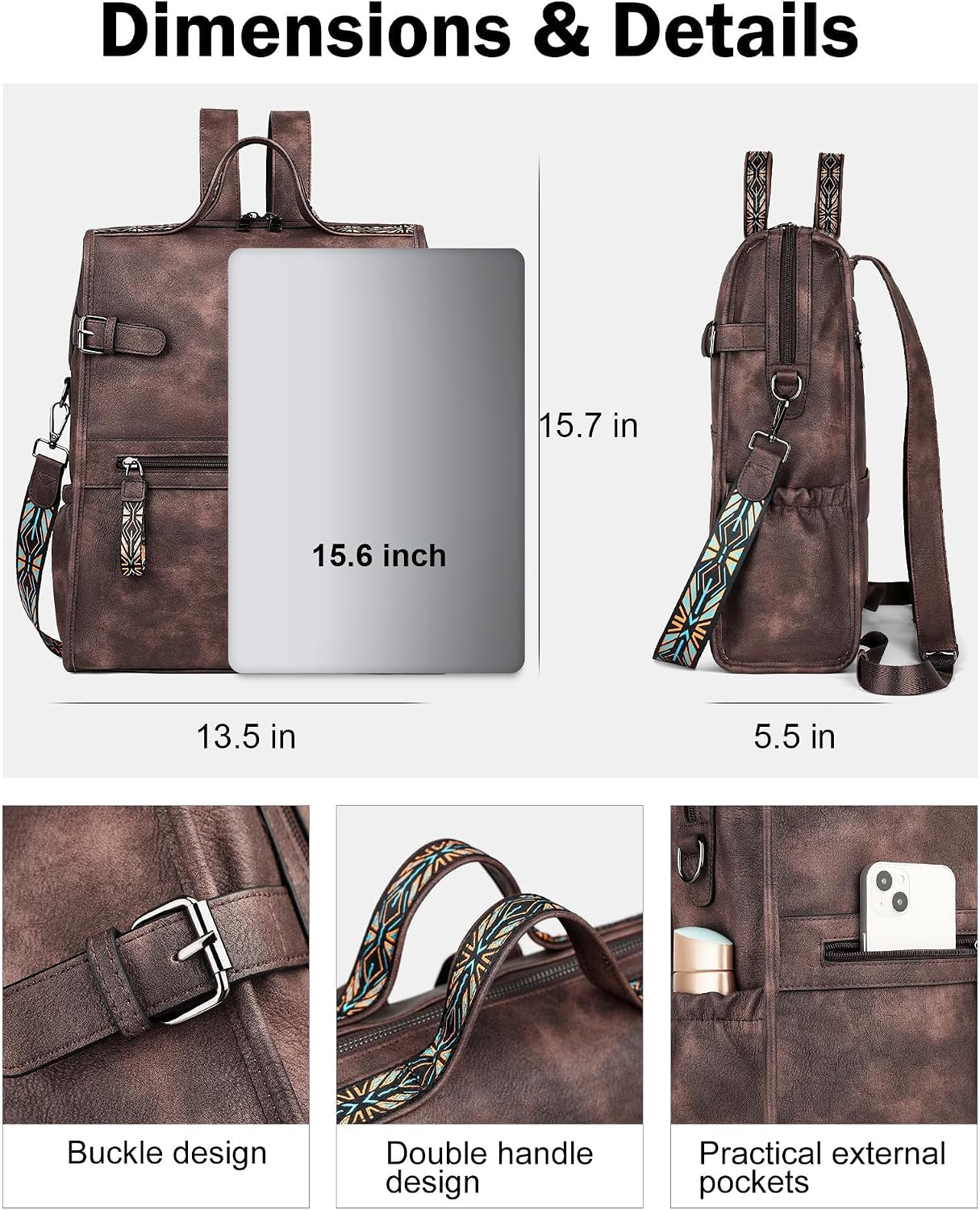 FADEON Leather Laptop Backpack for Women, Designer Ladies Work Travel Computer Backpack with Laptop Compartment Coffee Brown