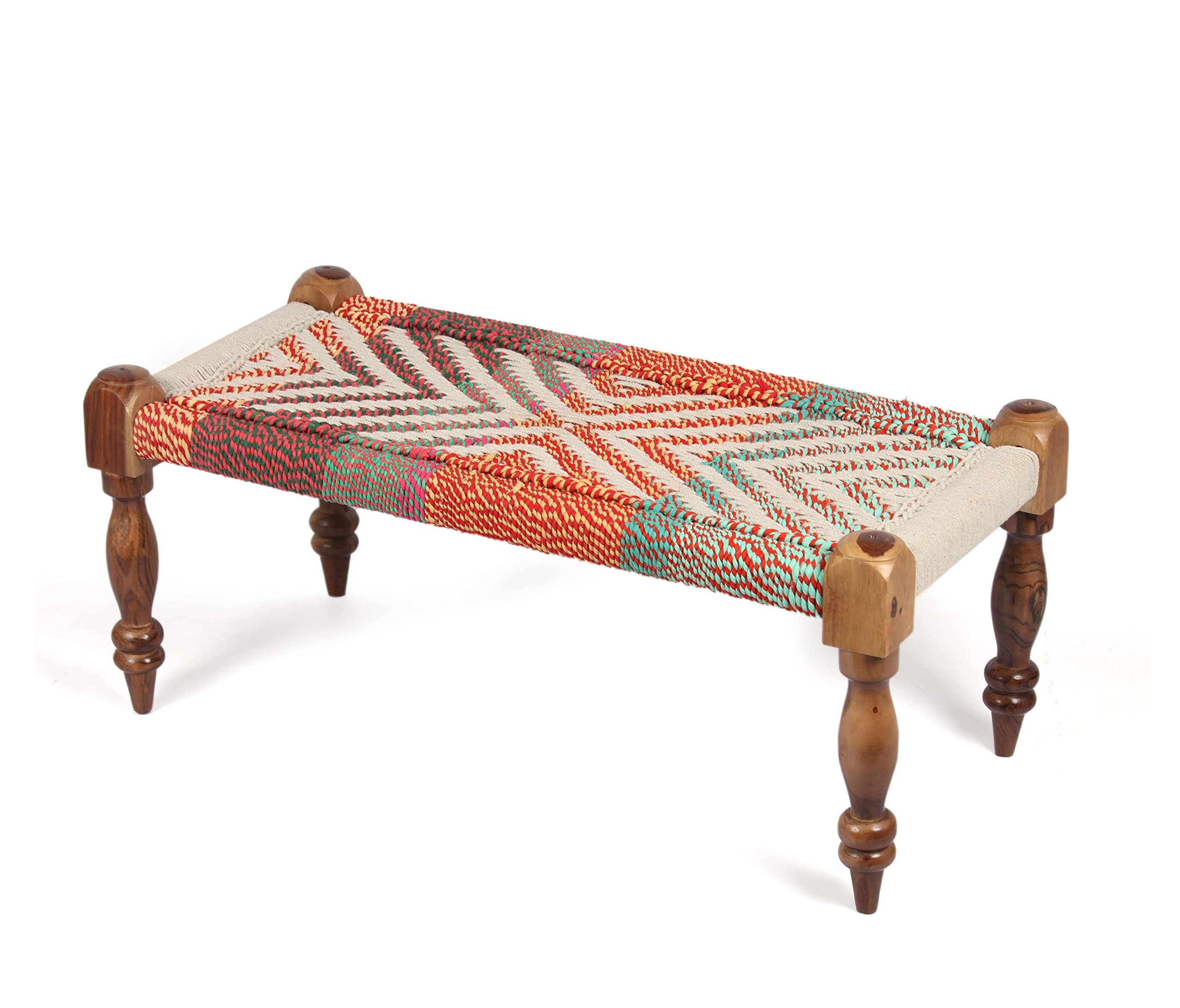 Ikiriya Oakville Sheesham Wood Vintage 2 Seater Maachi Bench/Charpai/Khatiya/Rajasthani Traditional Settees/Recamiers in Multi Colour Chindi & White Rope Canning for Living Room | Bedroom-image-4