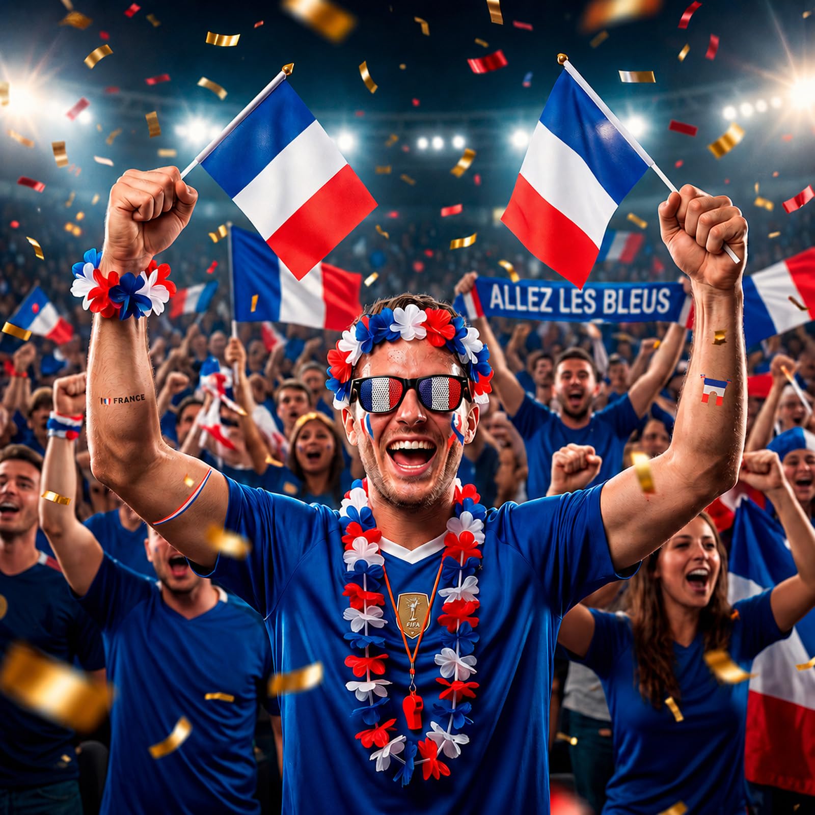 Kit Supporter France pour ﻿Grand Événement Football 2026 - Accessoires Bleu Blanc Rouge avec Lunettes Drapeau, Sifflet, 2 Drapeaux, 4 Stickers et Lei Set - Pack Supporter Equipe de France
