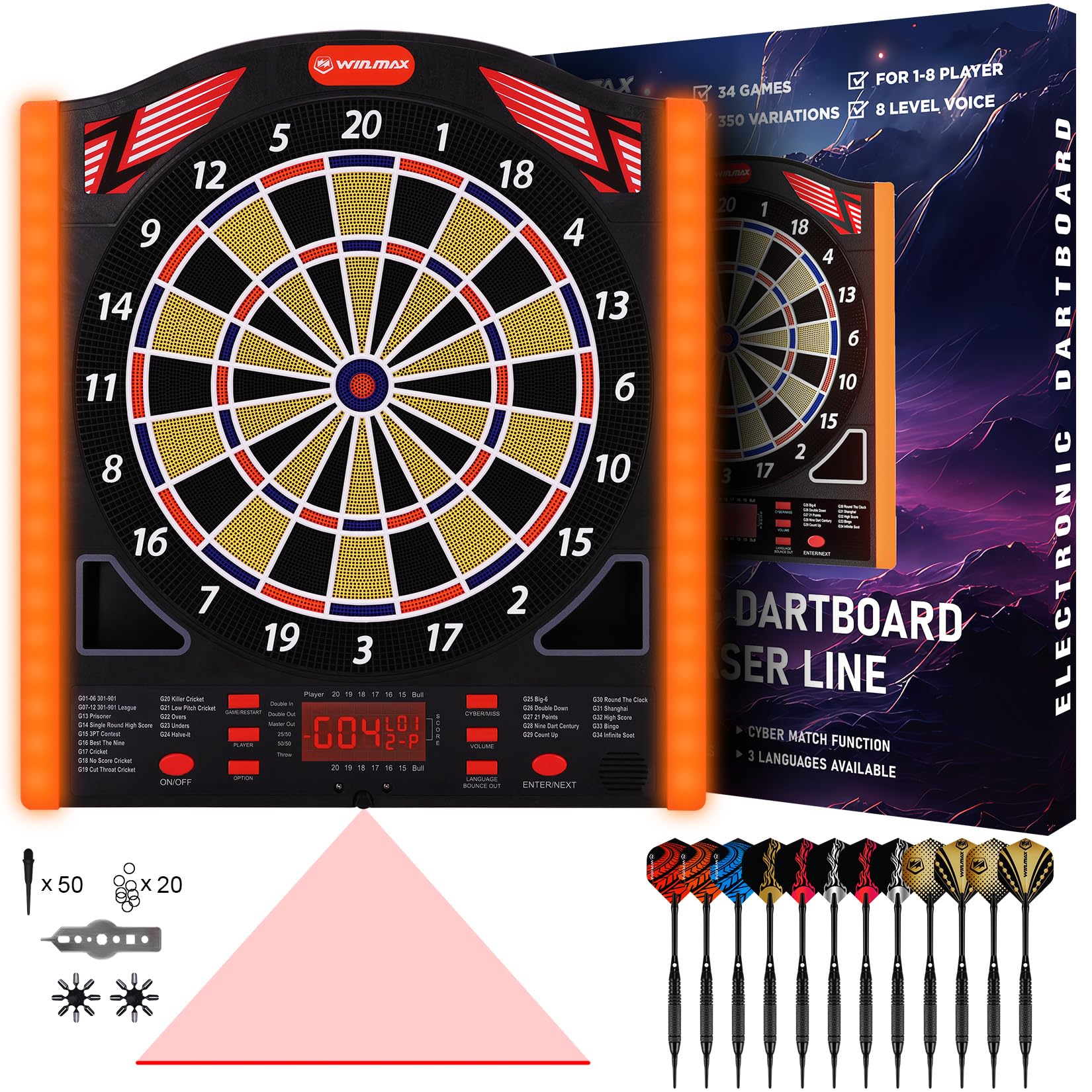 WIN.MAX Jeu de fléchette électronique Cible flechette Profi Set 34 Jeux 12 fléchettes 1-8 Joueurs